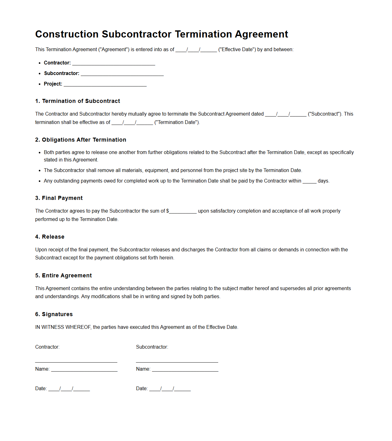 Construction Subcontractor Termination Agreement Sample