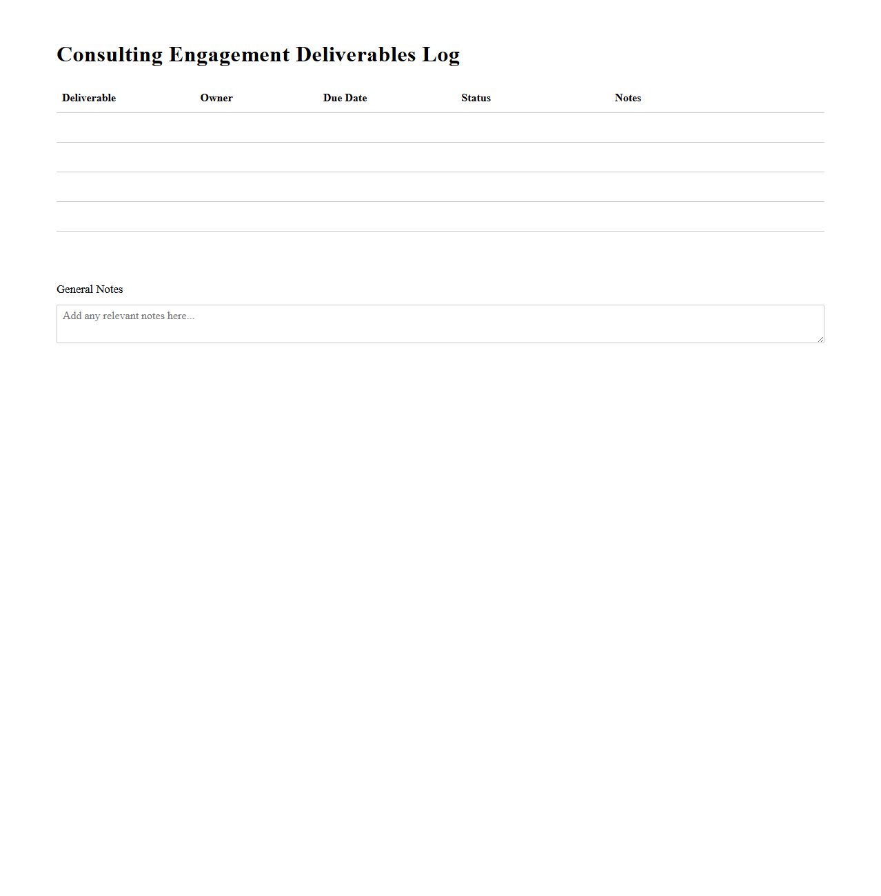 Consulting Engagement Deliverables Log