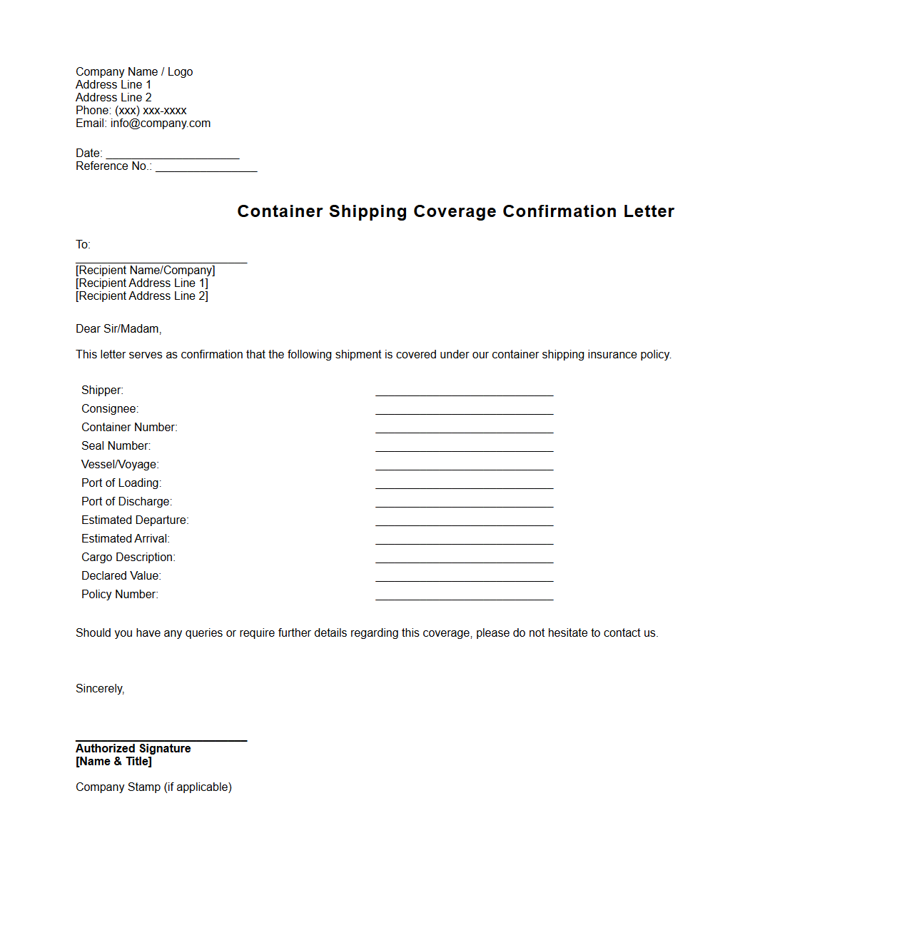 Container Shipping Coverage Confirmation Letter