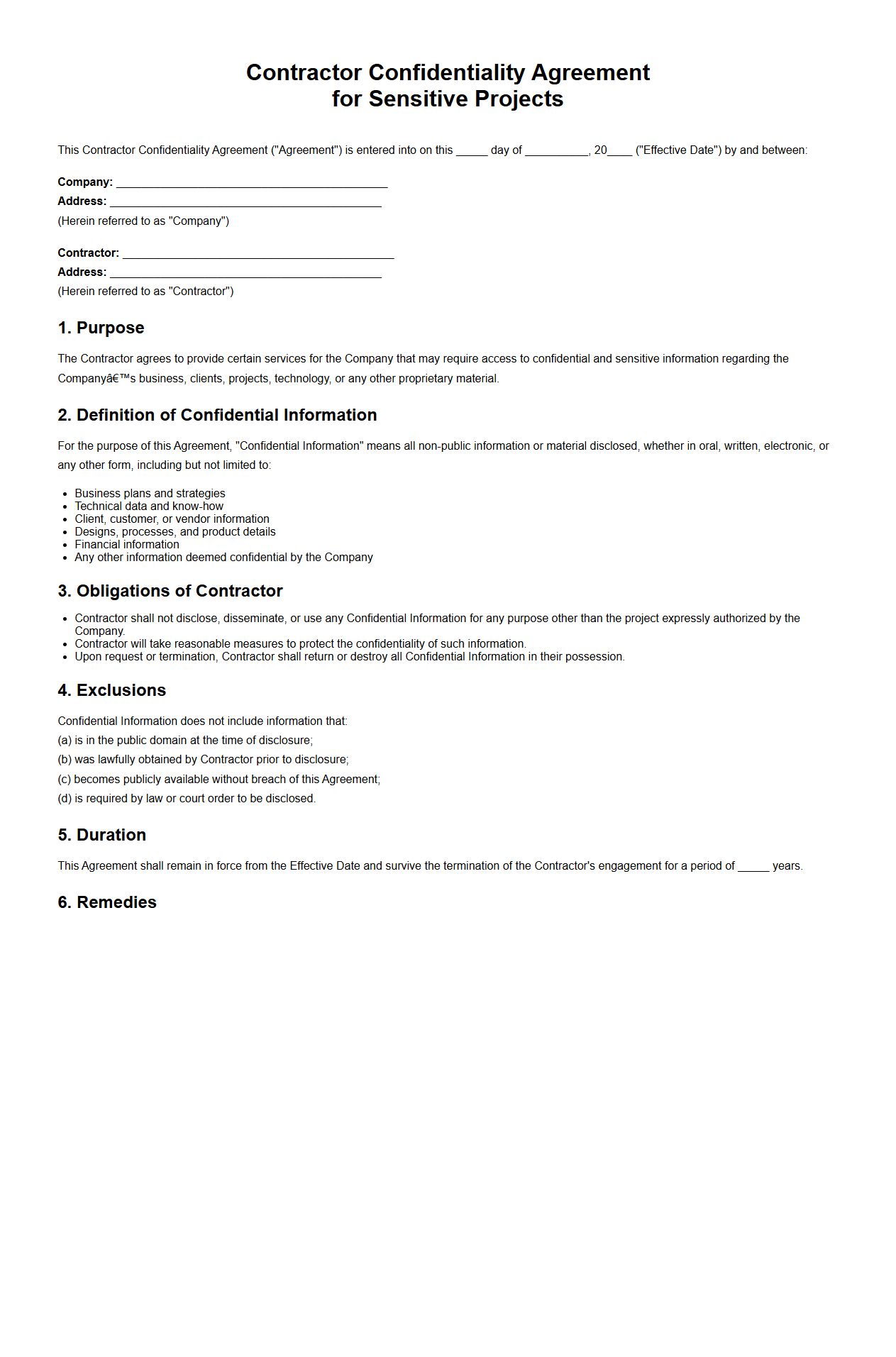 Contractor Confidentiality Agreement for Sensitive Projects