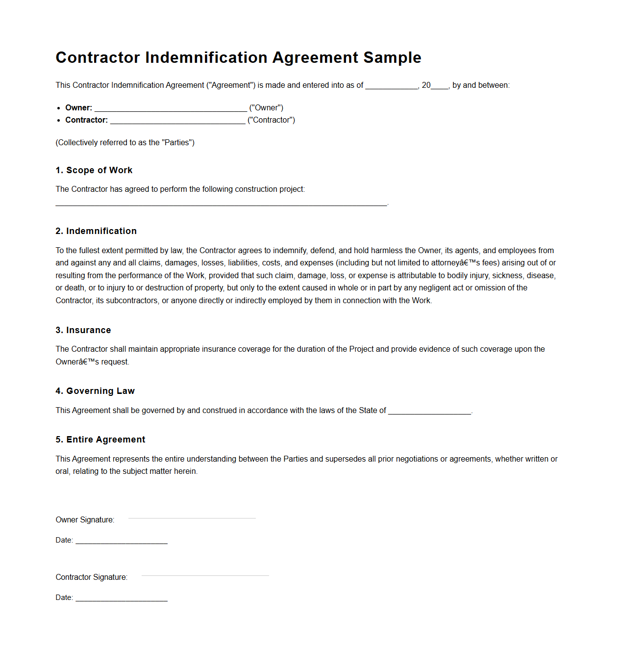 Contractor Indemnification Agreement Sample for Construction Projects