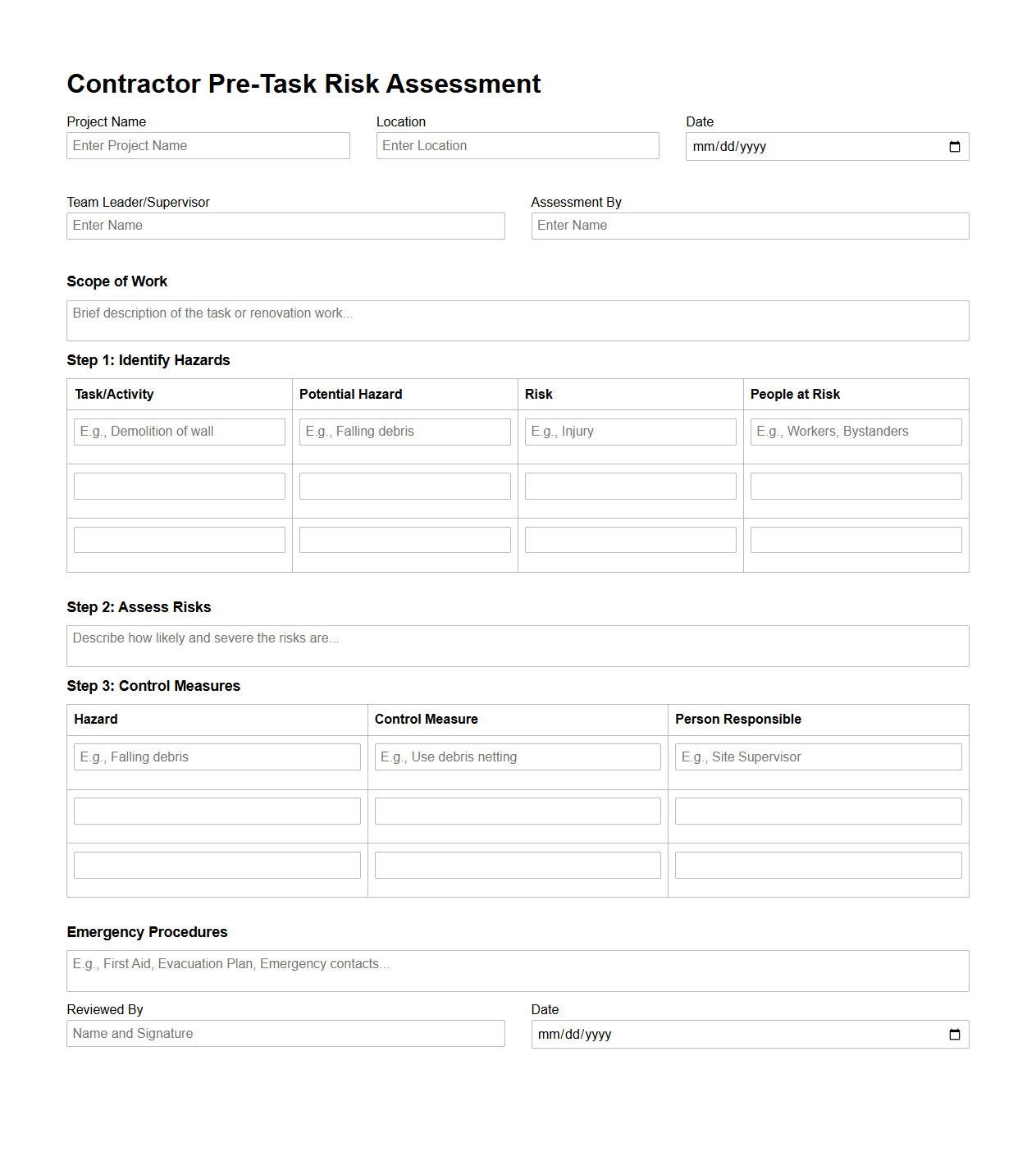Contractor Pre-Task Risk Assessment Example for Renovation