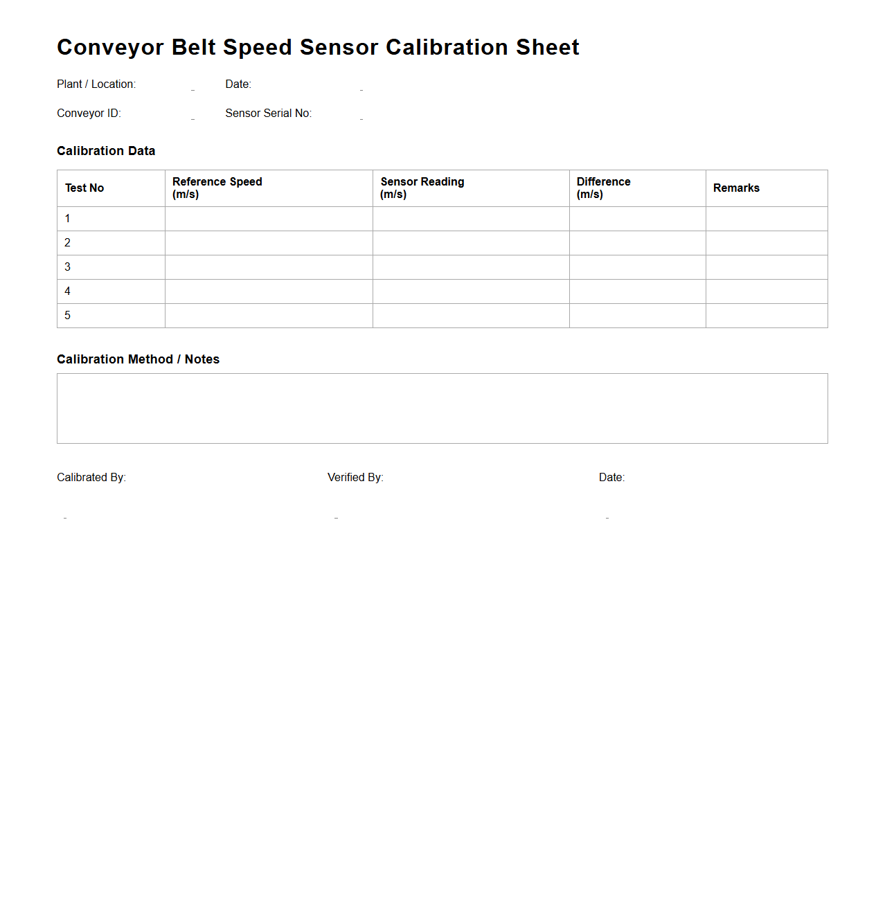 Conveyor Belt Speed Sensor Calibration Sheet