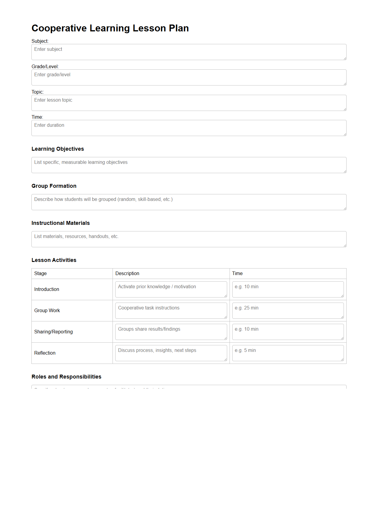 Cooperative Learning Lesson Plan Model for Classroom Activities