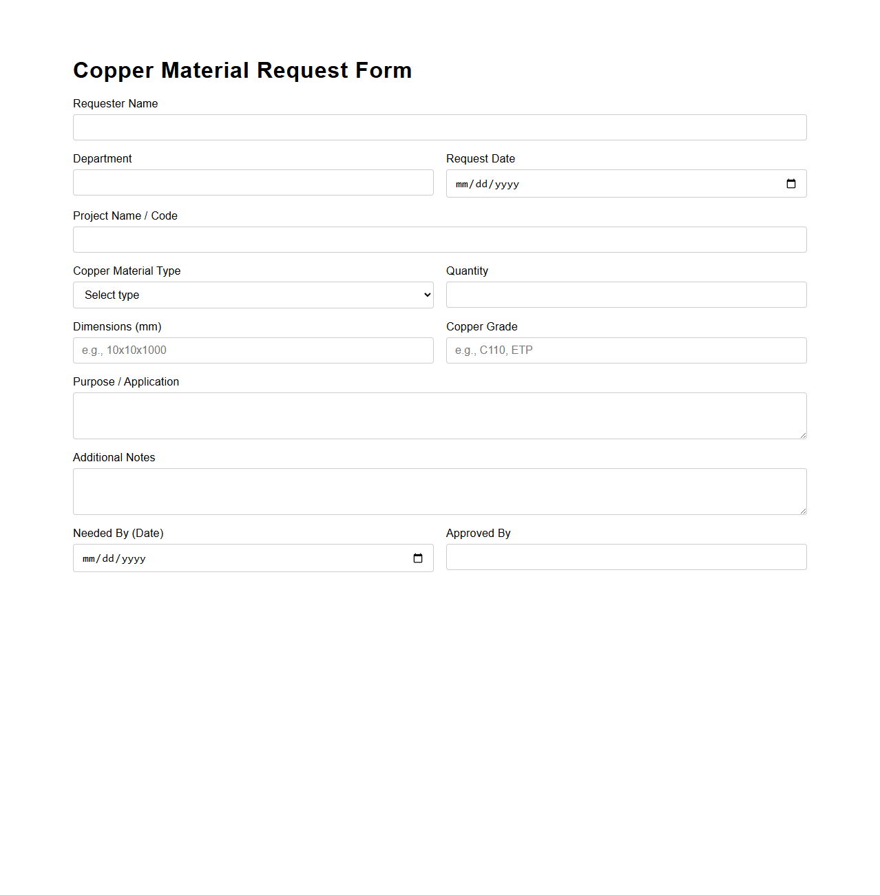 Copper Material Request Form Example