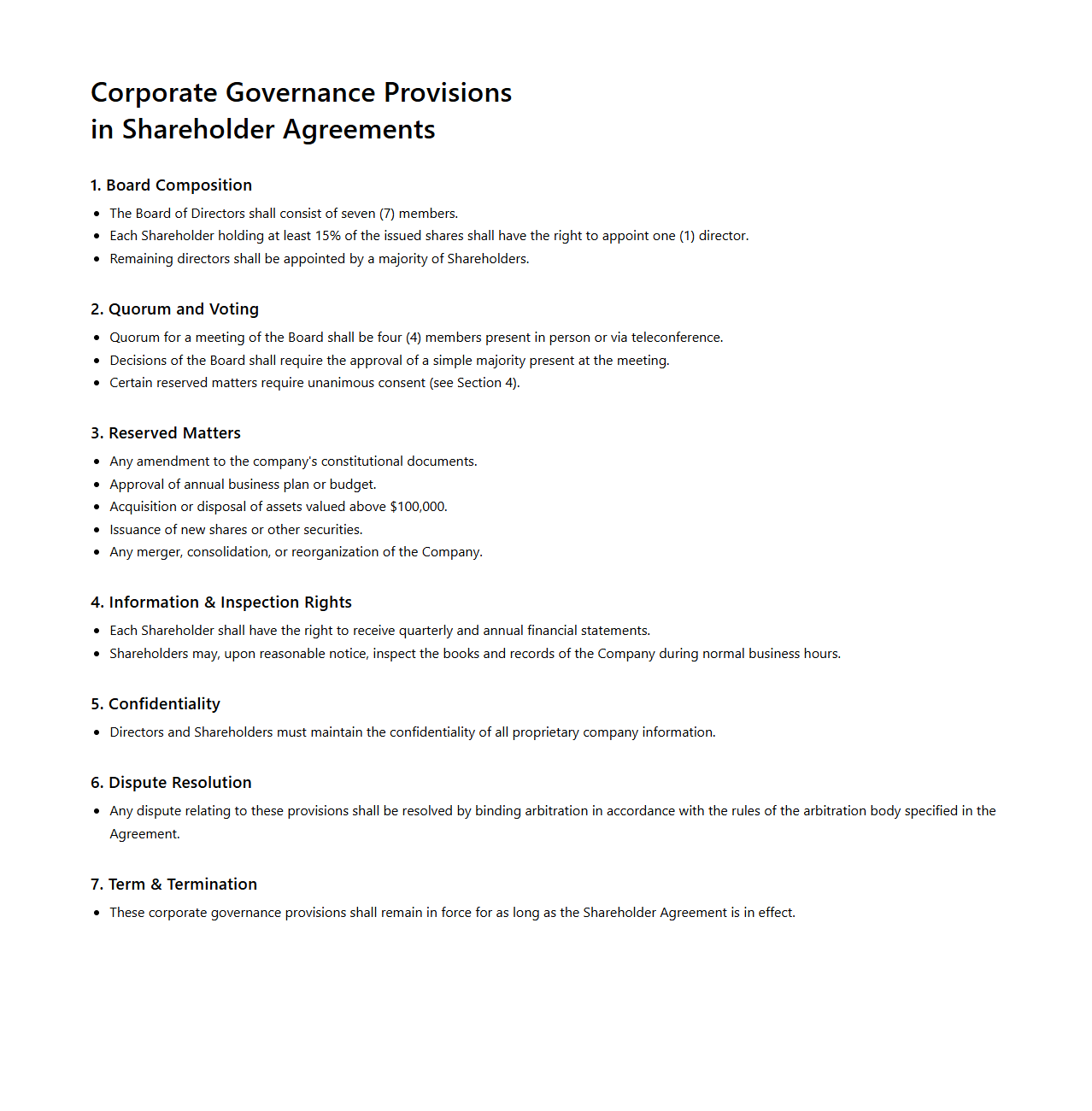 Corporate Governance Provisions in Shareholder Agreements