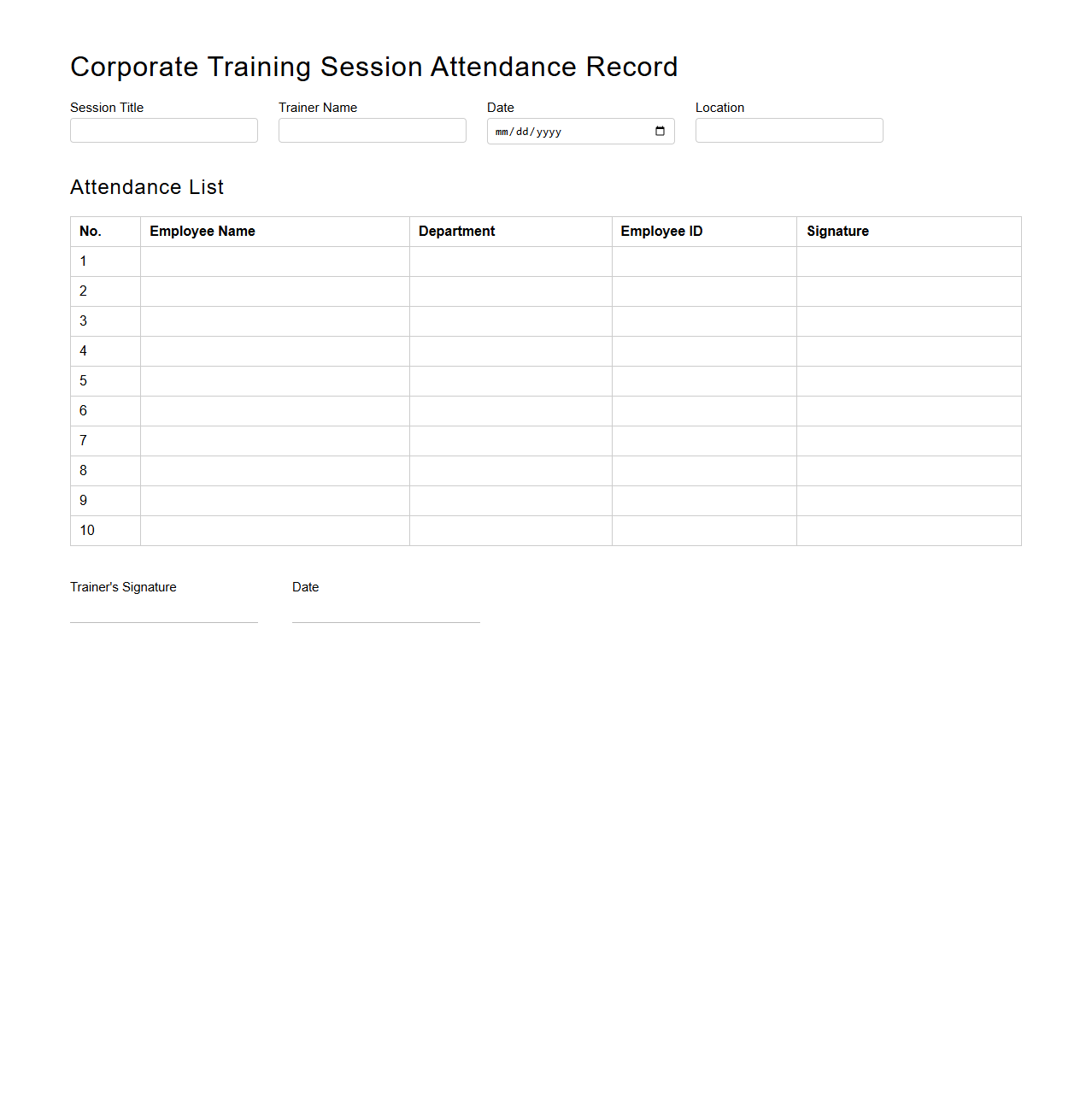 Corporate Training Session Attendance Record