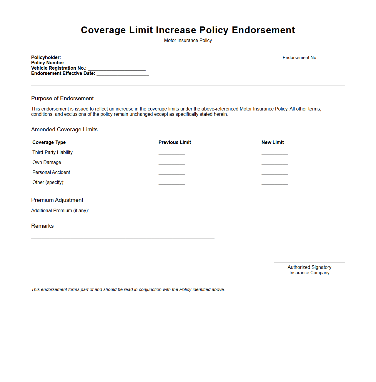 Coverage Limit Increase Policy Endorsement for Motor Insurance