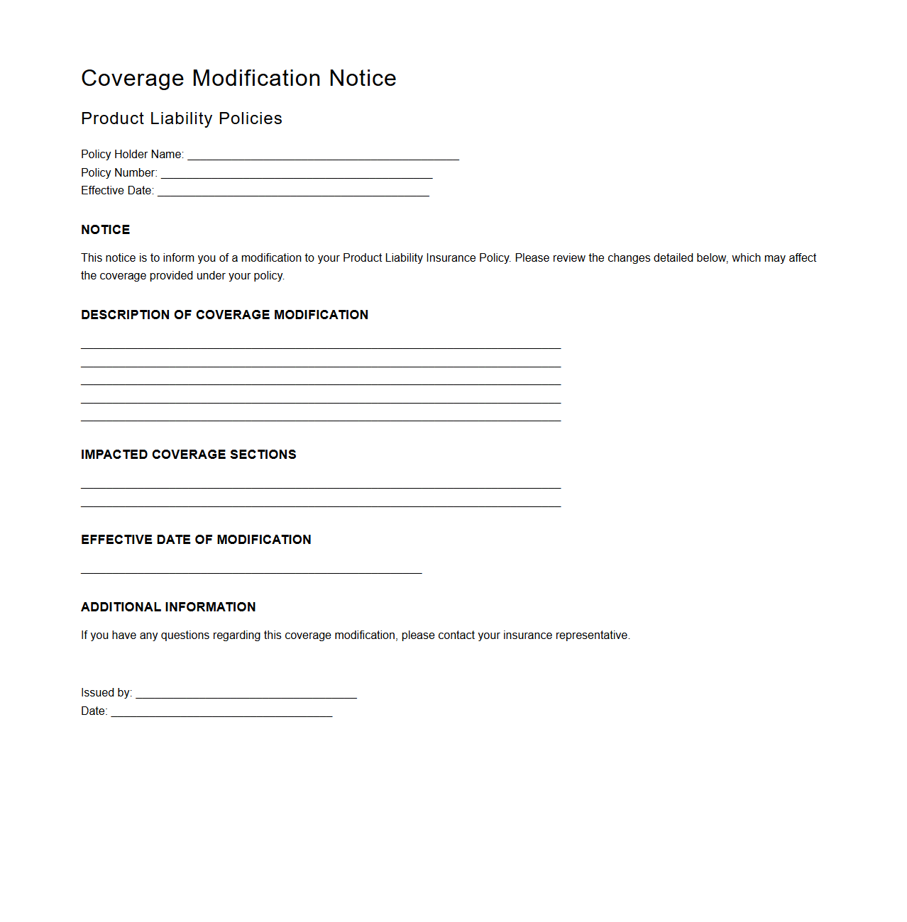 Coverage Modification Notice for Product Liability Policies