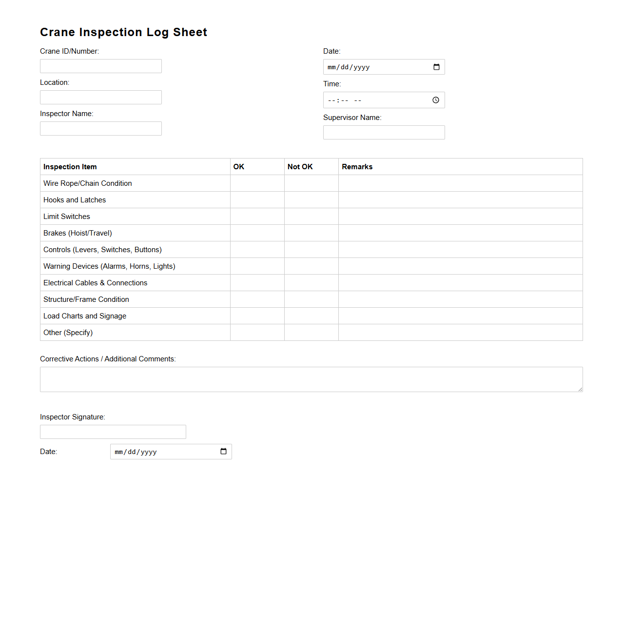 Crane Inspection Log Sheet