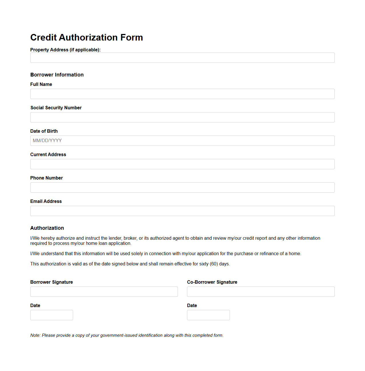 Credit Authorization Form Sample for Home Buyers