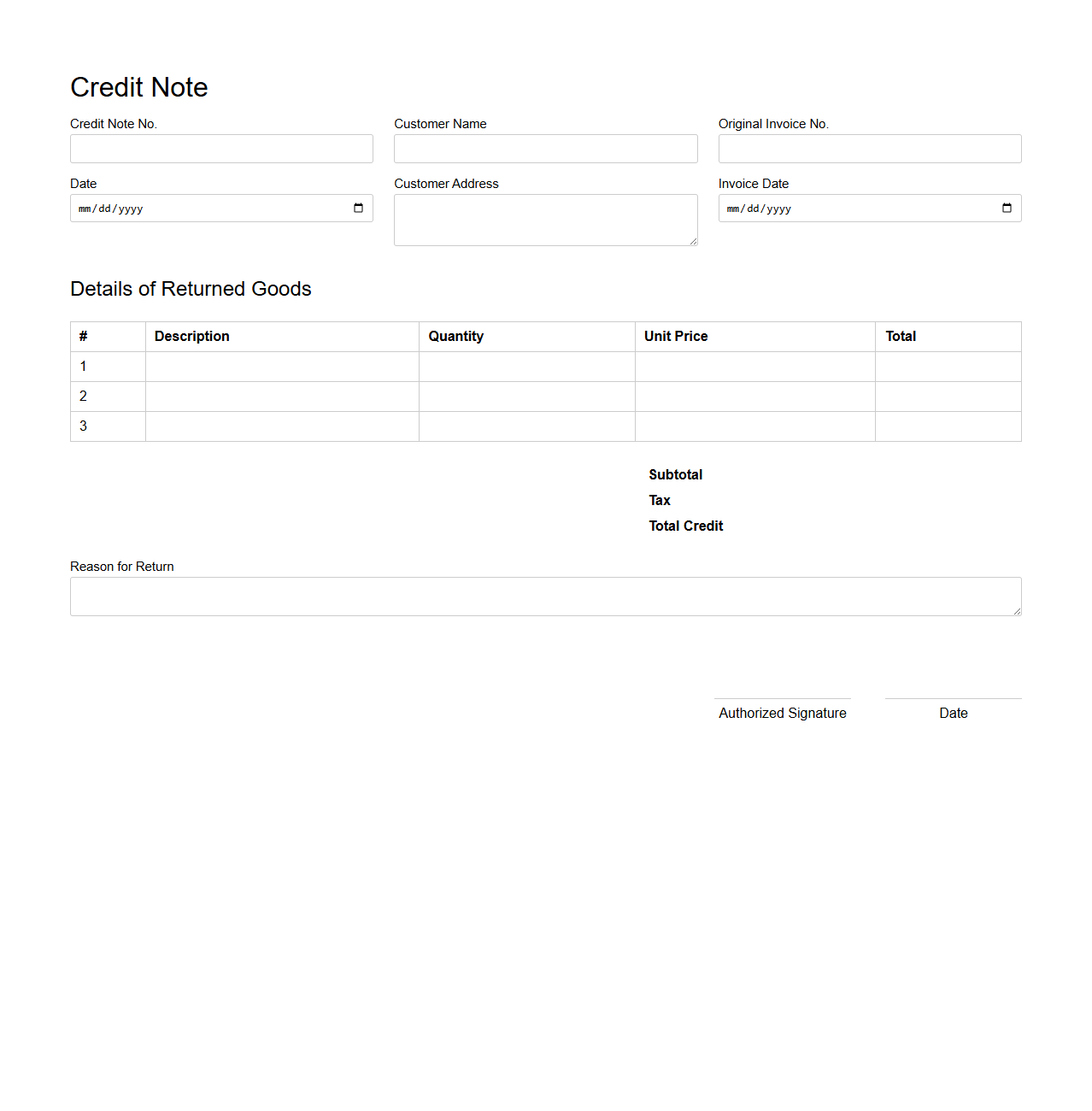 Credit Note Template for Returned Goods