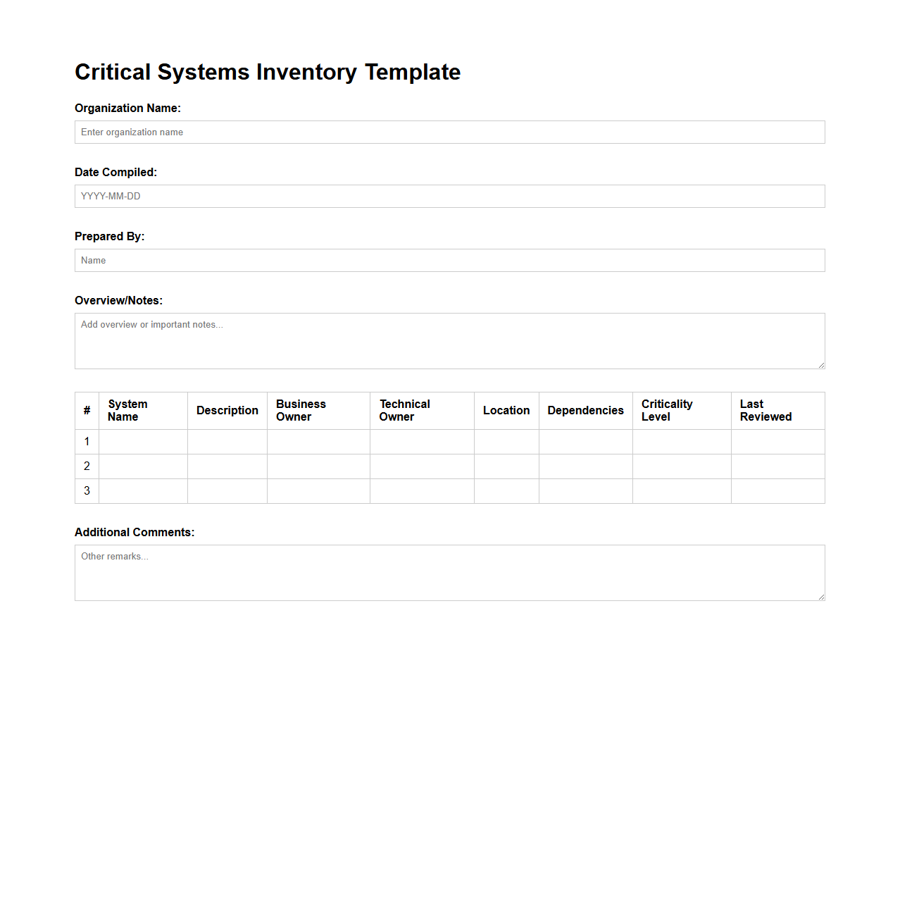 Critical Systems Inventory Template