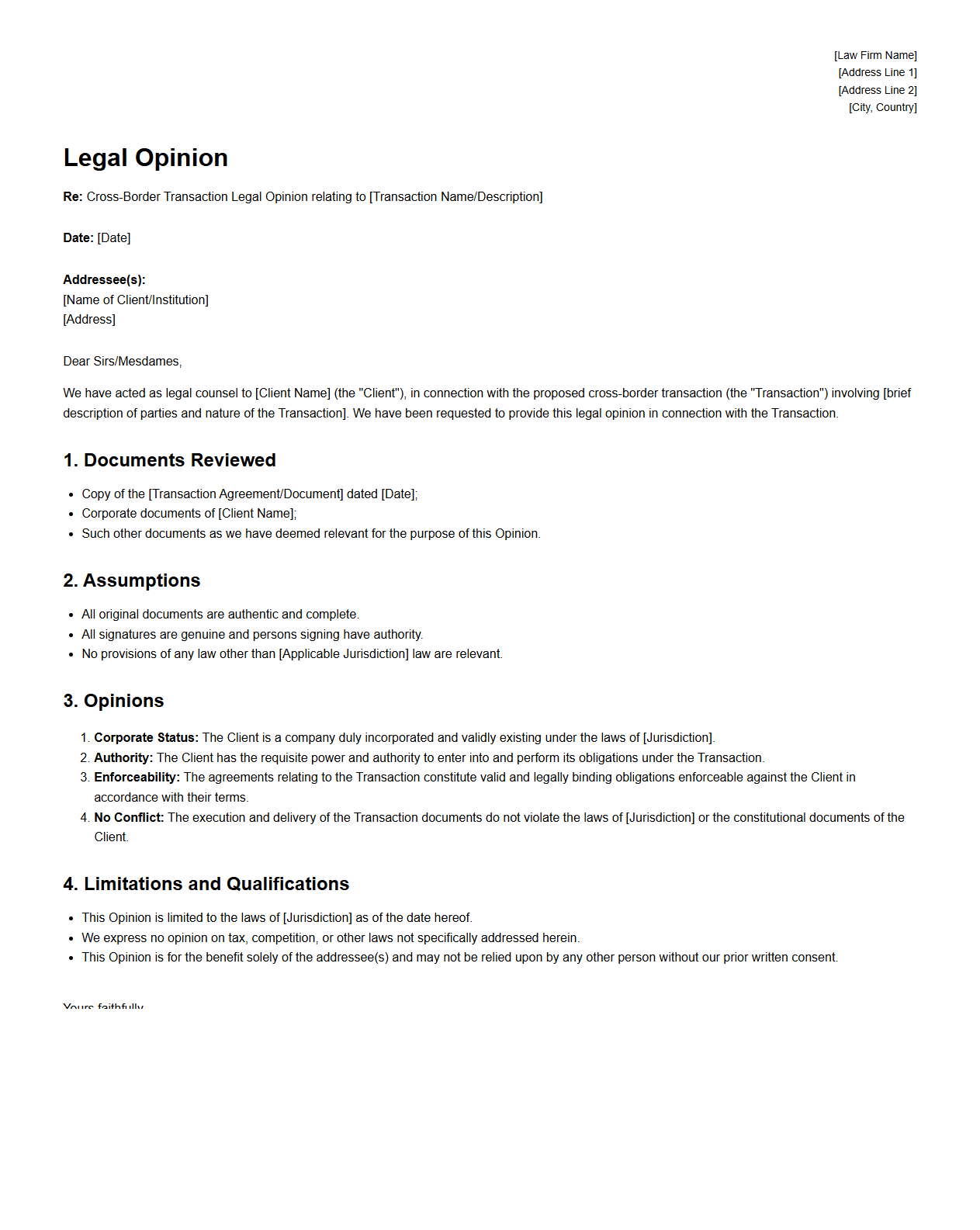 Cross-Border Transaction Legal Opinion Sample