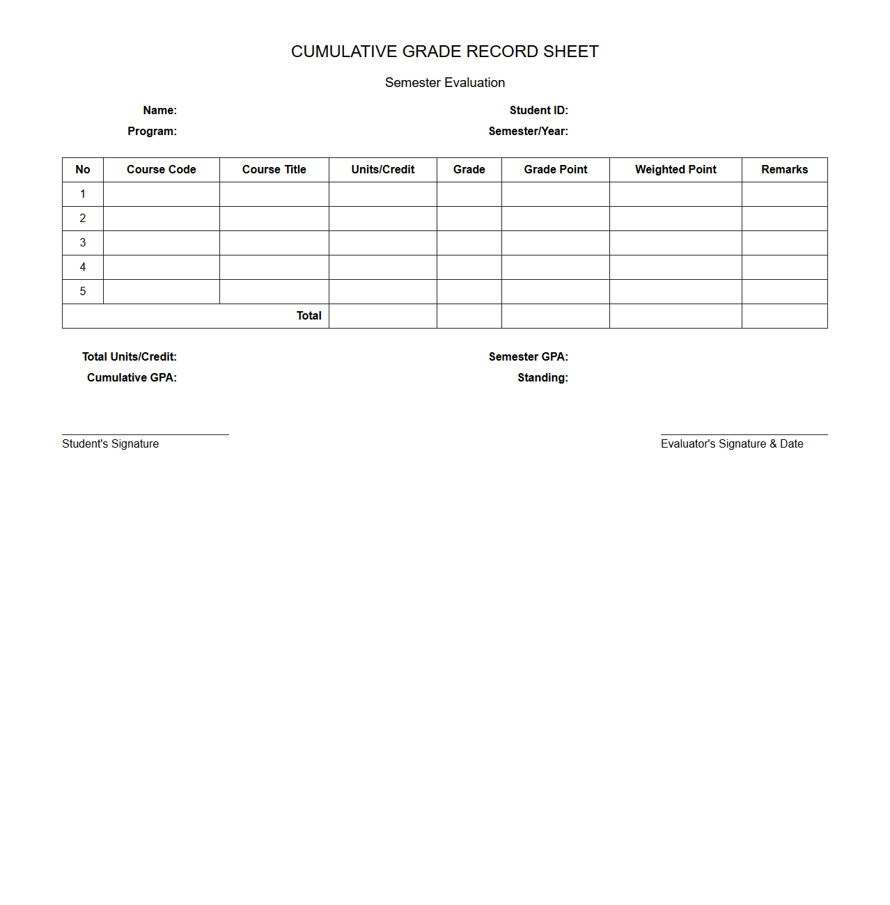 Cumulative Grade Record Sheet for Semester Evaluation