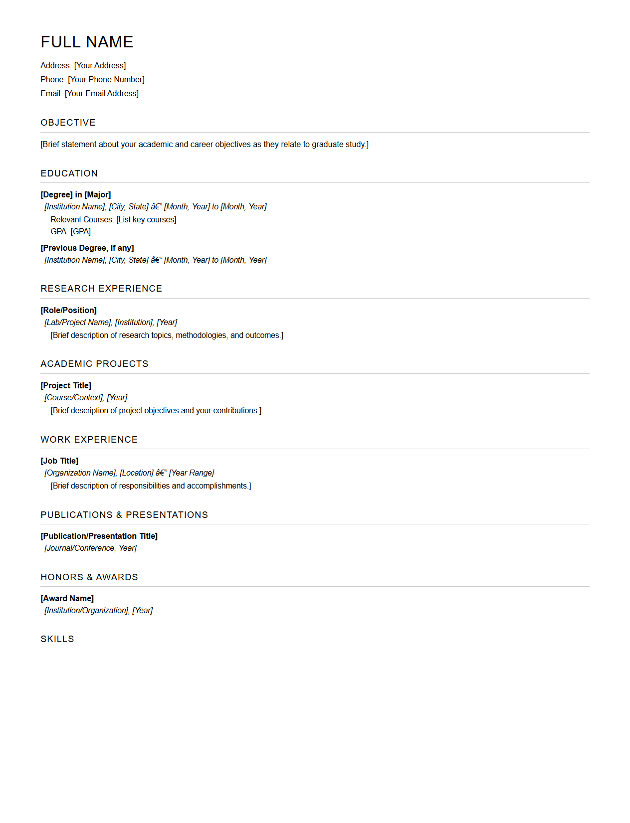 Curriculum Vitae Format for Graduate School Admission