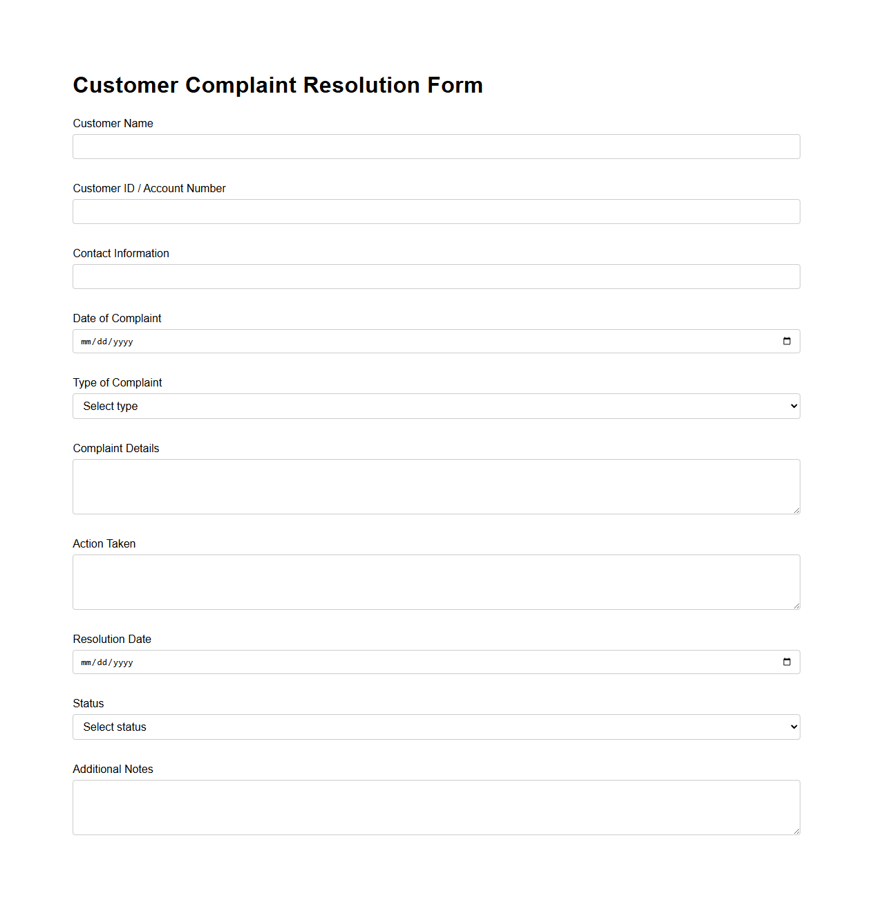 Customer Complaint Resolution Form Sample
