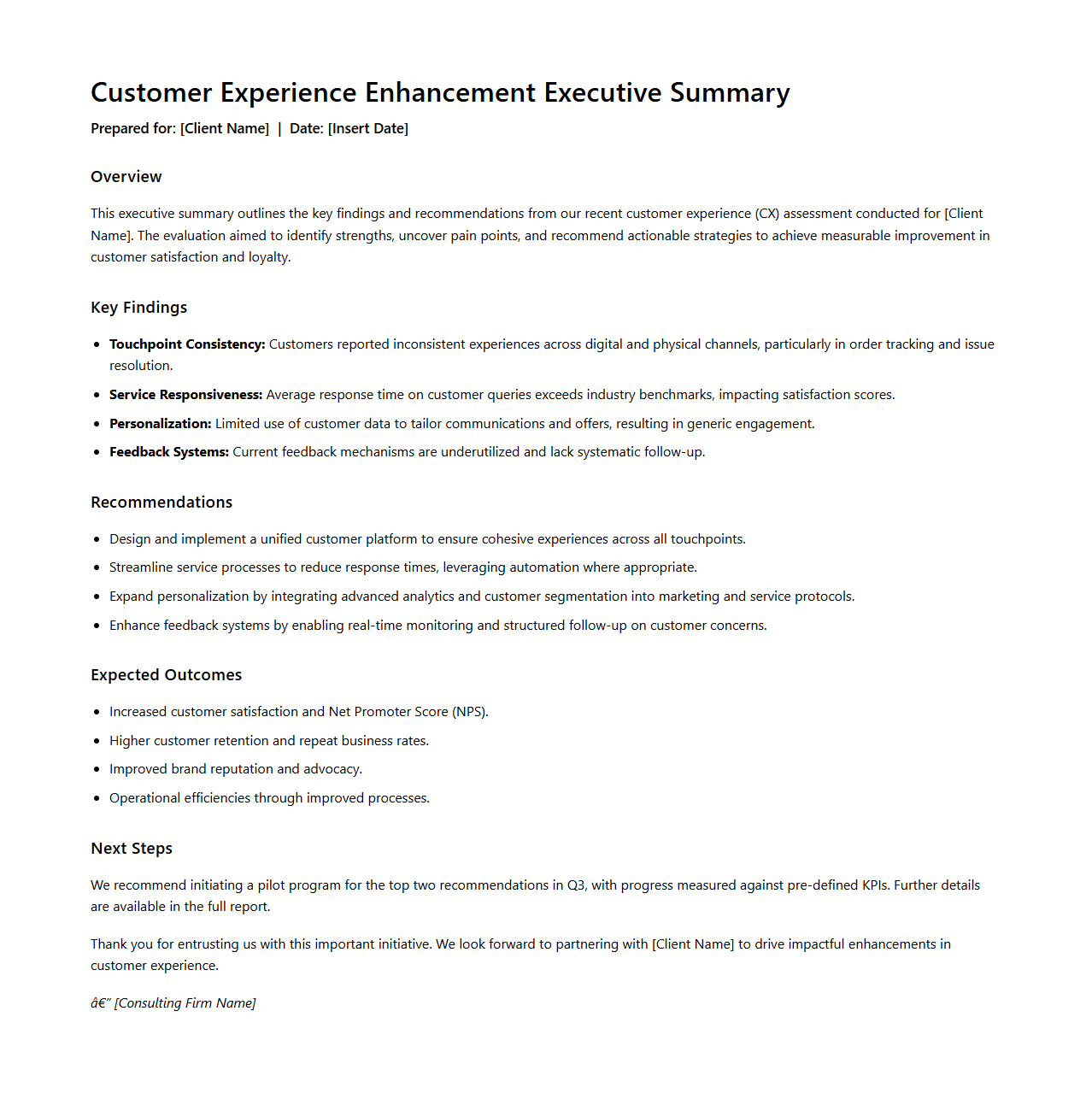 Customer Experience Enhancement Executive Summary Sample for Consulting