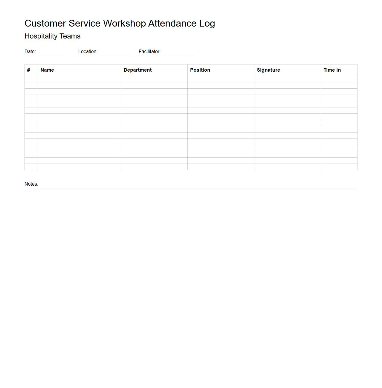Customer Service Workshop Attendance Log for Hospitality Teams