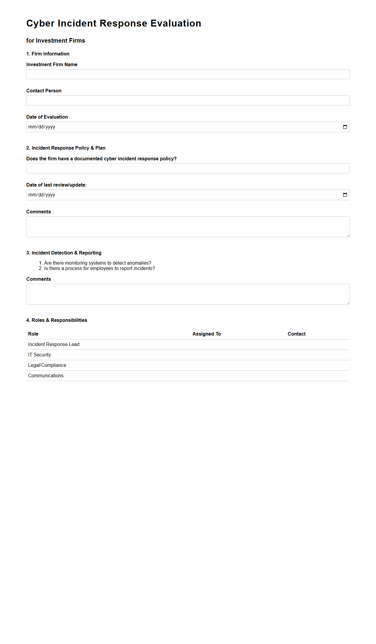 Cyber Incident Response Evaluation for Investment Firms