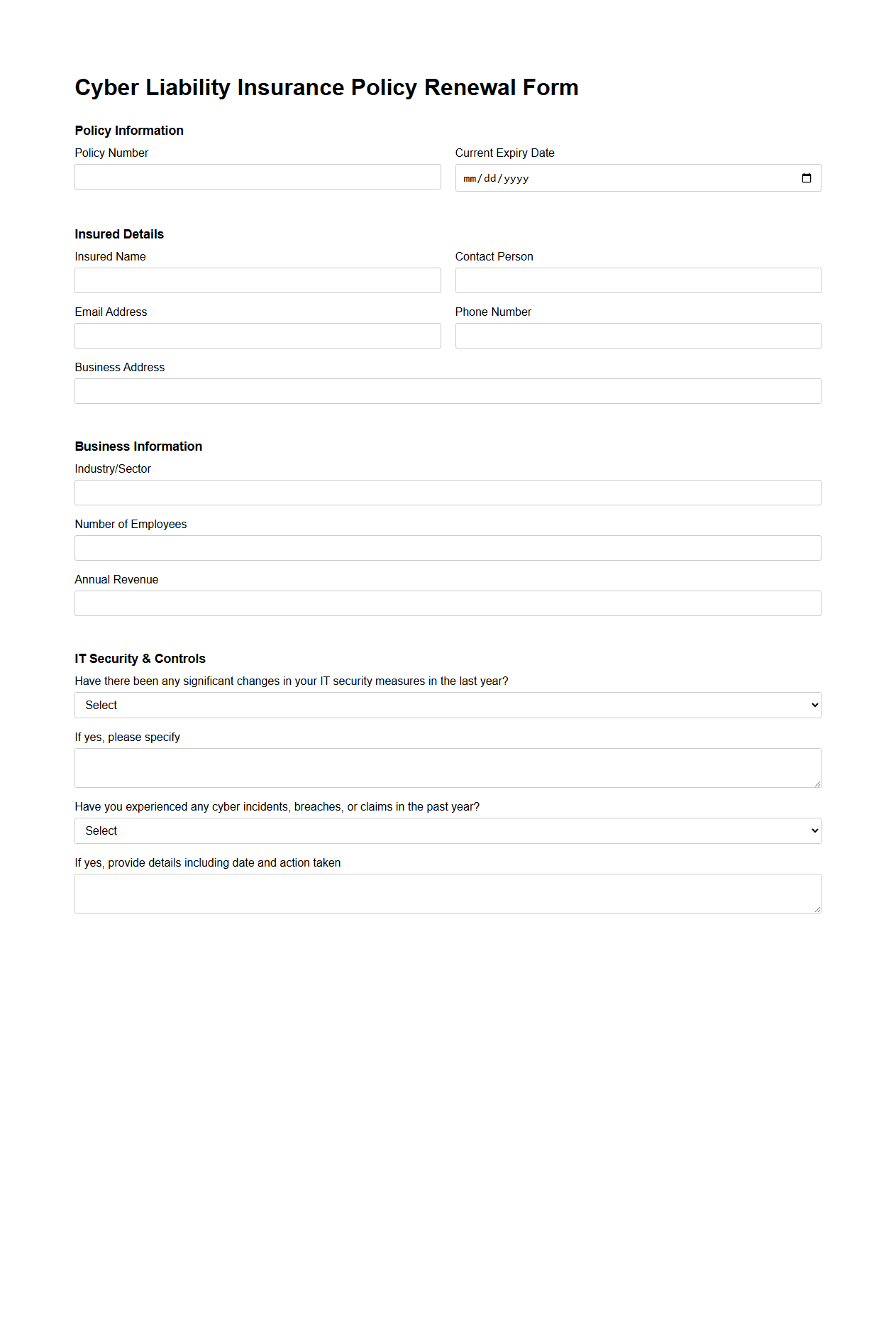 Cyber Liability Insurance Policy Renewal Form