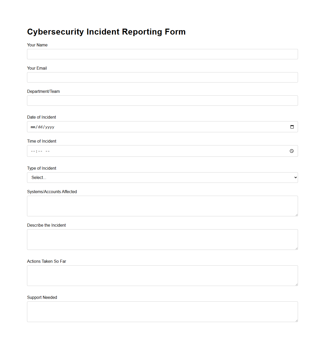Cybersecurity Incident Reporting Form Example