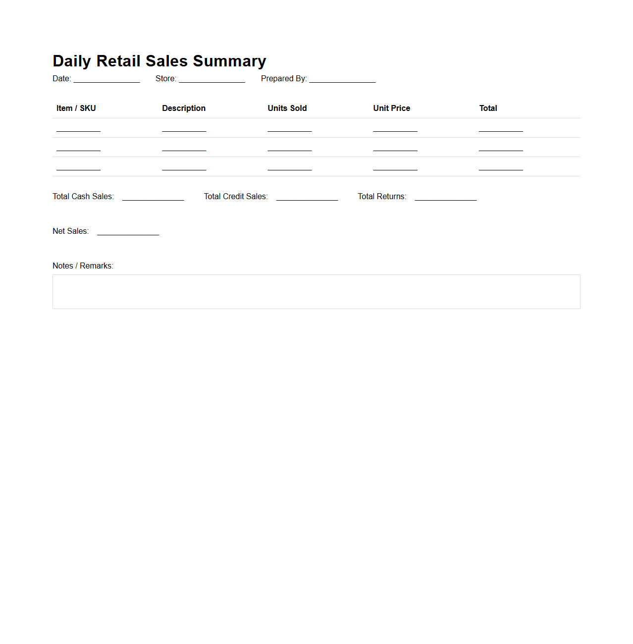 Daily Retail Sales Summary Template