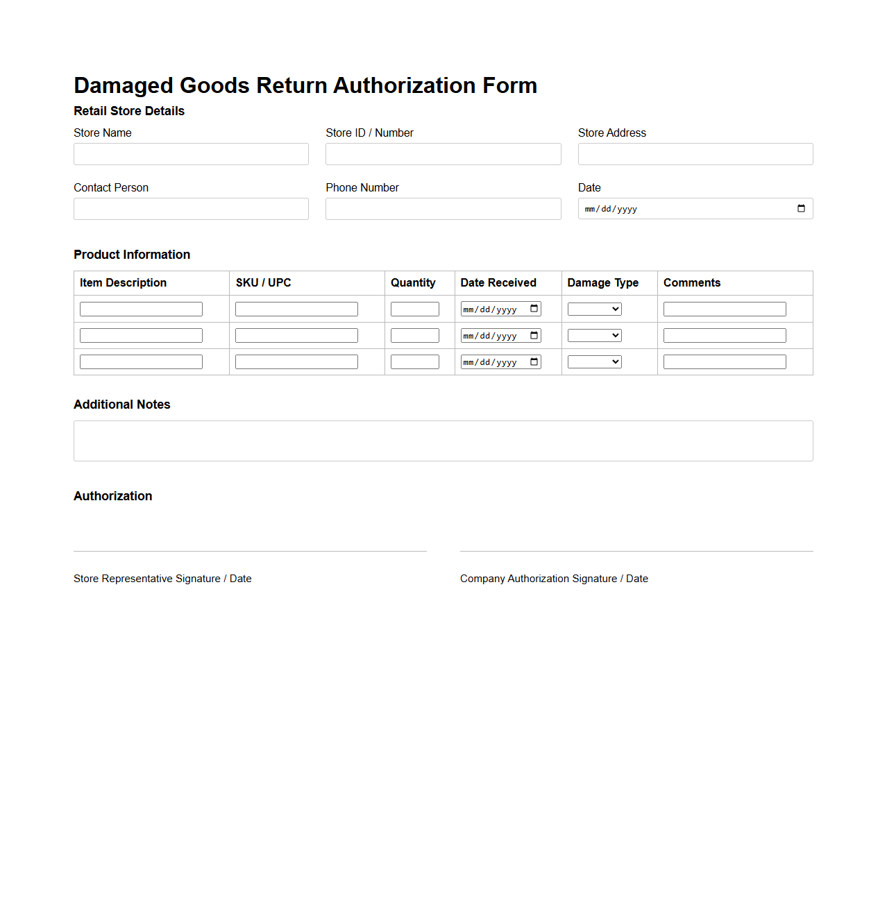 Damaged Goods Return Authorization Form for Retail Chain