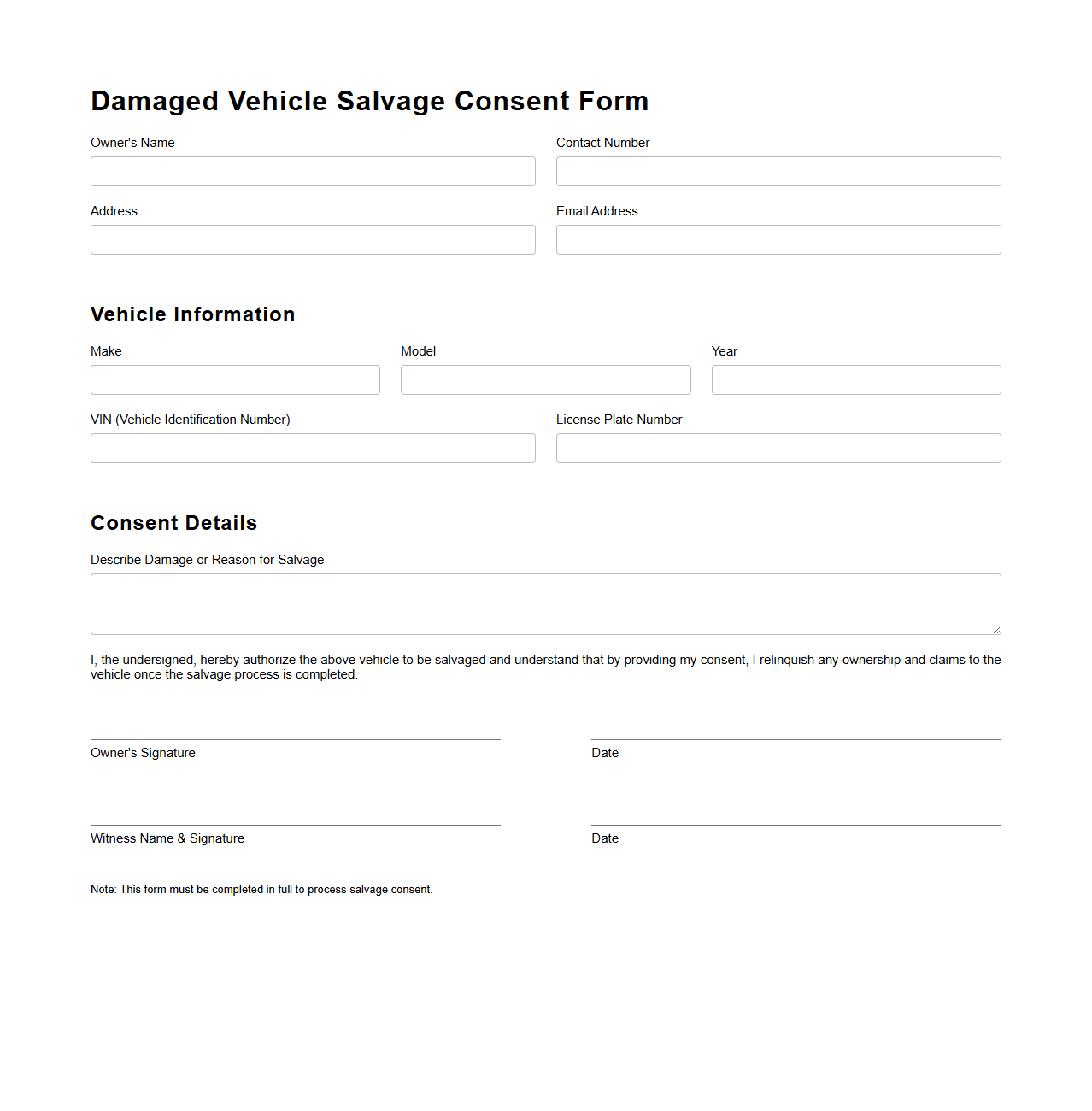 Damaged Vehicle Salvage Consent Form