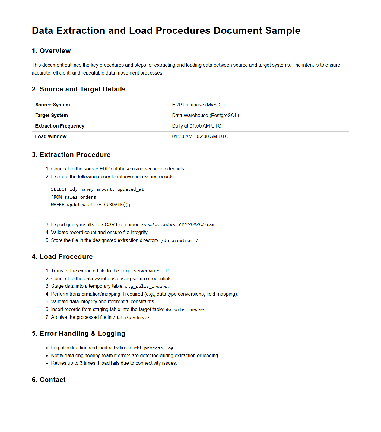 Data Extraction and Load Procedures Document Sample