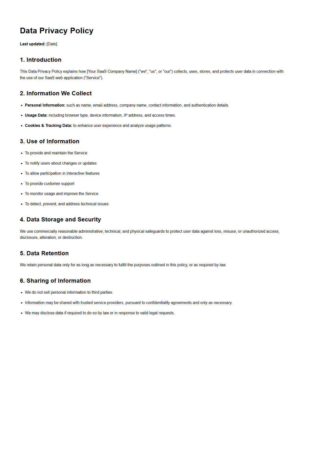 Data Privacy Policy for SaaS Web Applications
