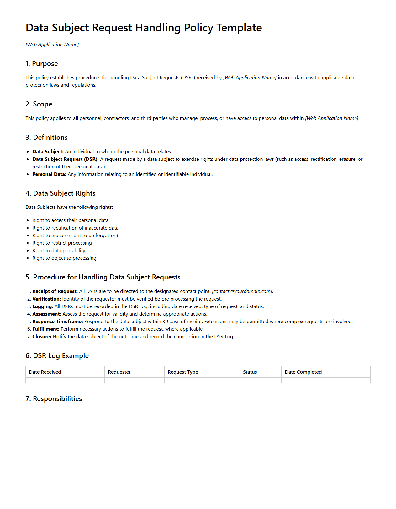 Data Subject Request Handling Policy Template for Web Applications