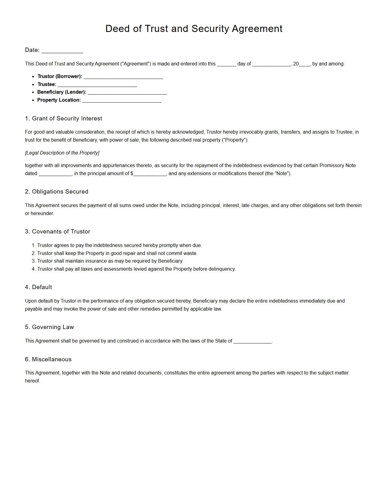 Deed of Trust and Security Agreement for Property Loan