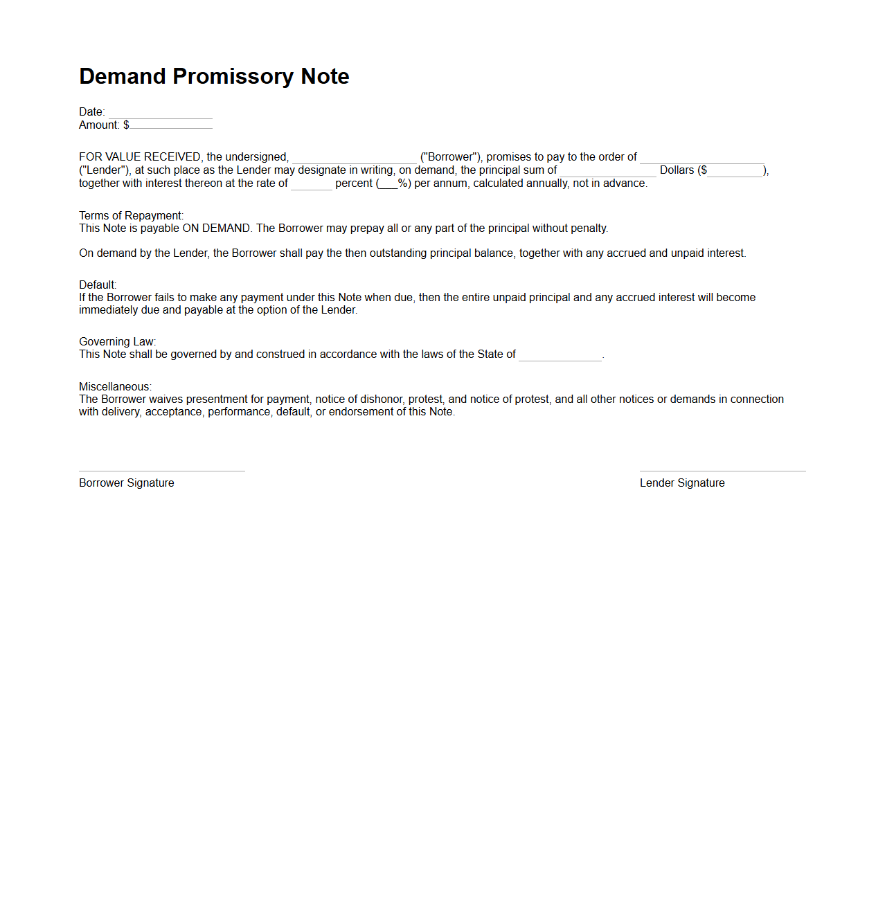 Demand Promissory Note Sample for Short-Term Loans