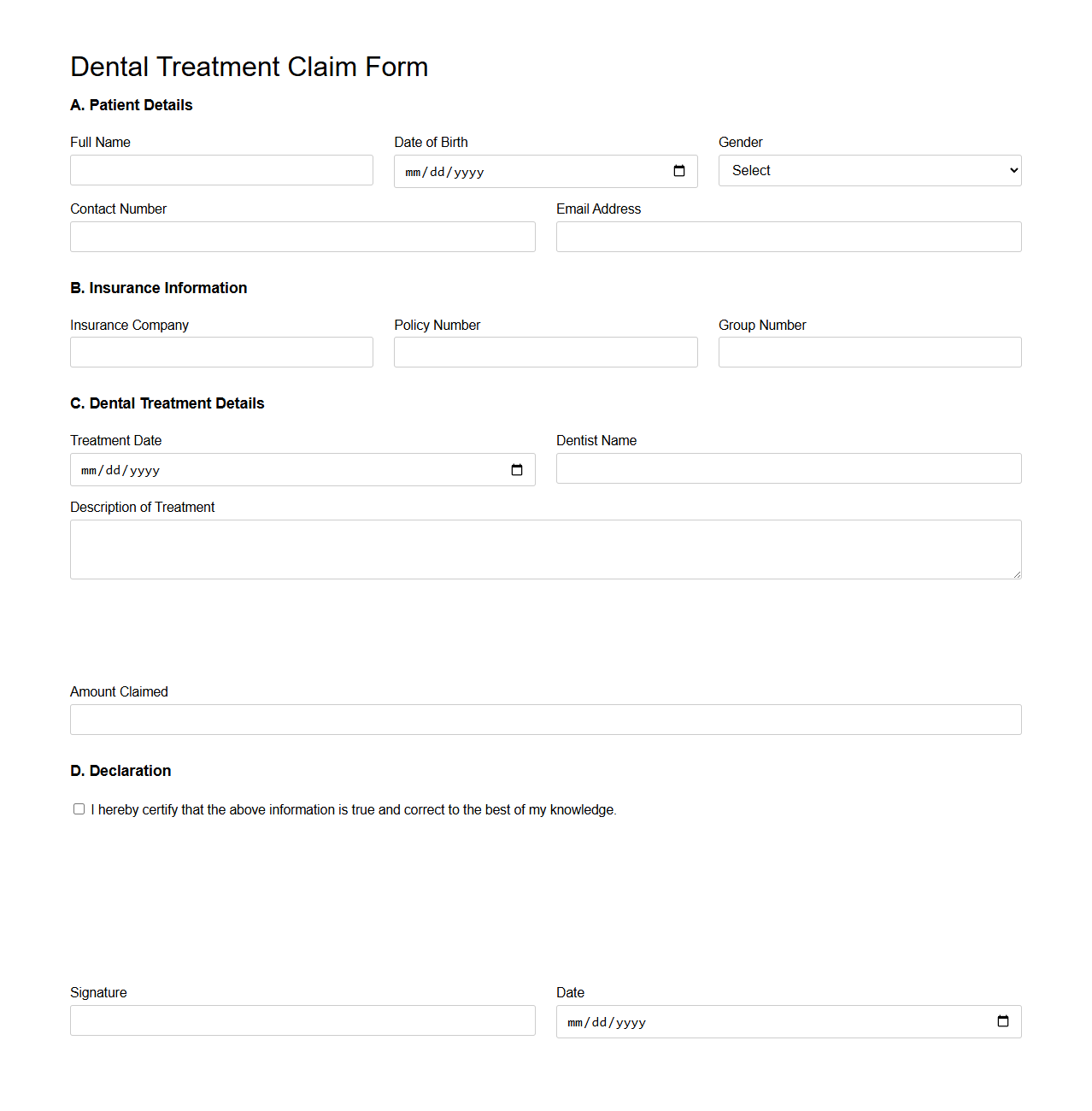 Dental Treatment Claim Form Example