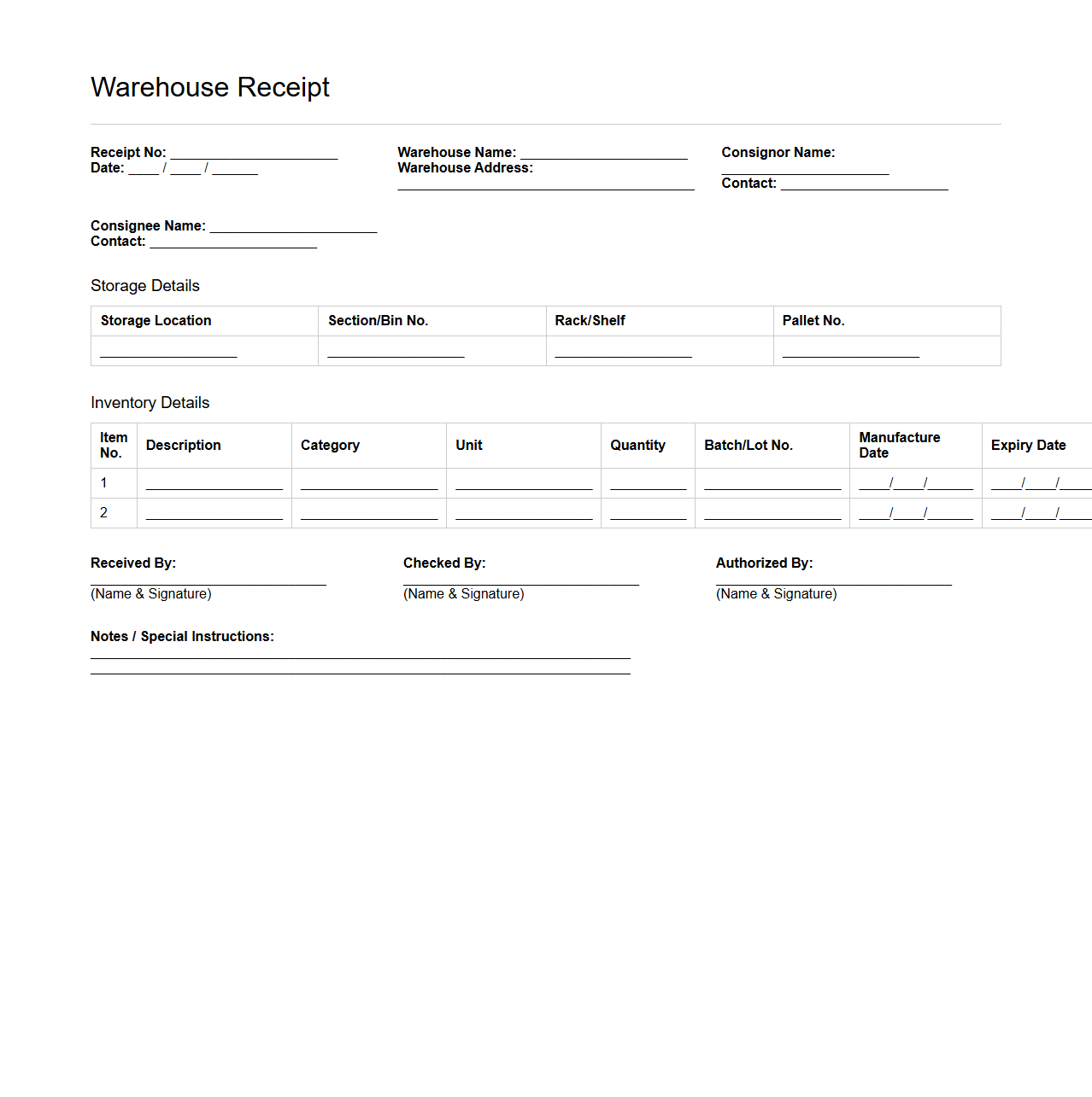 Detailed Inventory Storage Warehouse Receipt Format