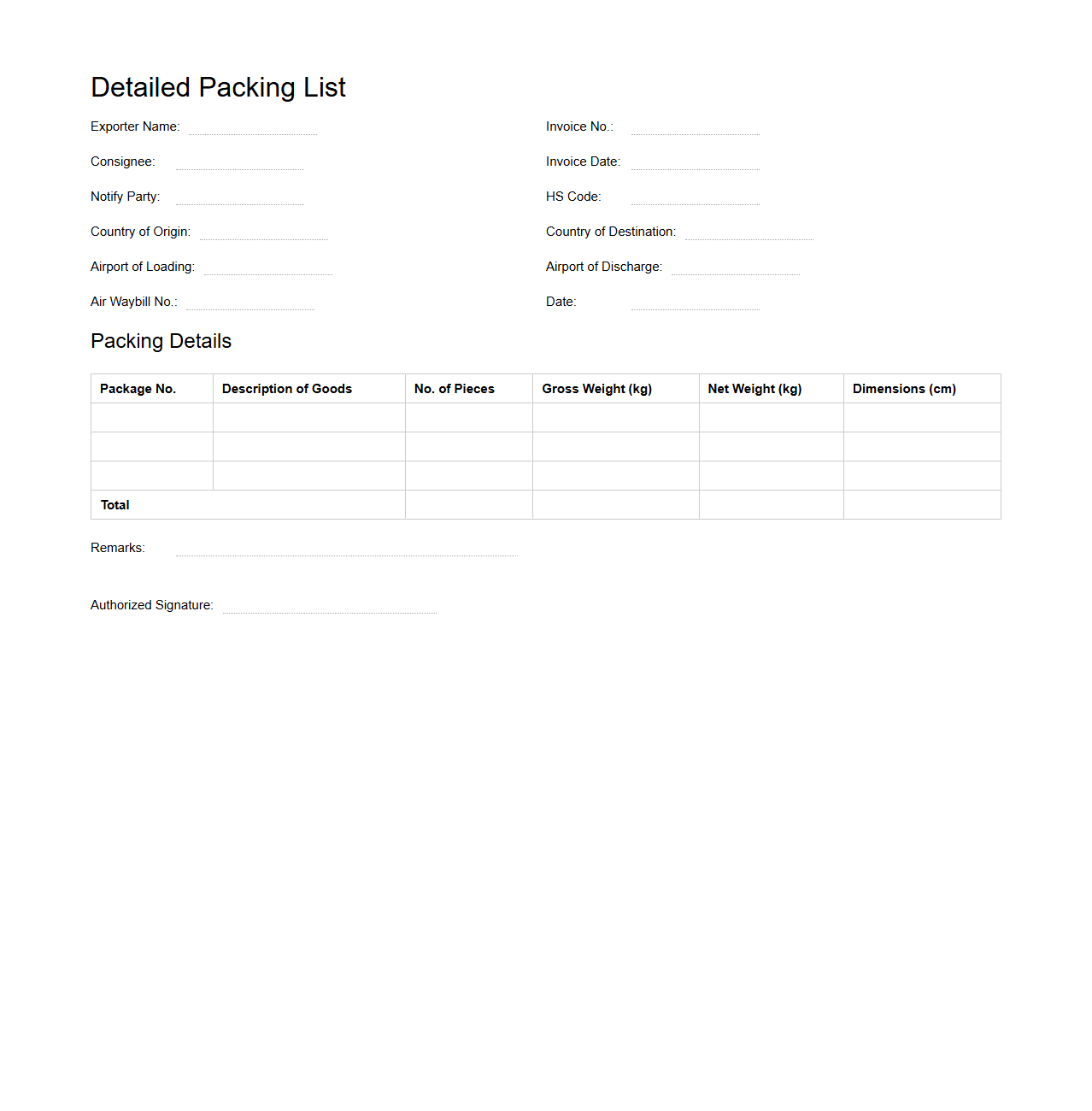 Detailed Packing List Format for Air Freight Export