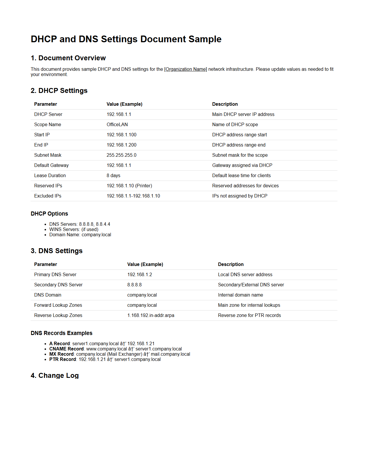 DHCP and DNS Settings Document Sample