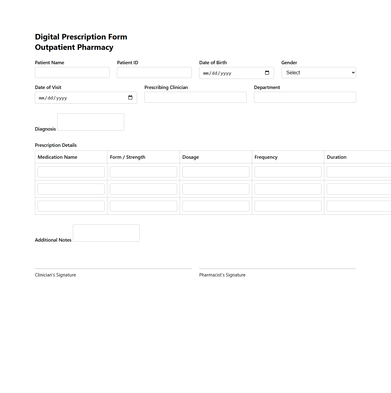 Digital Prescription Form Template for Outpatient Pharmacy