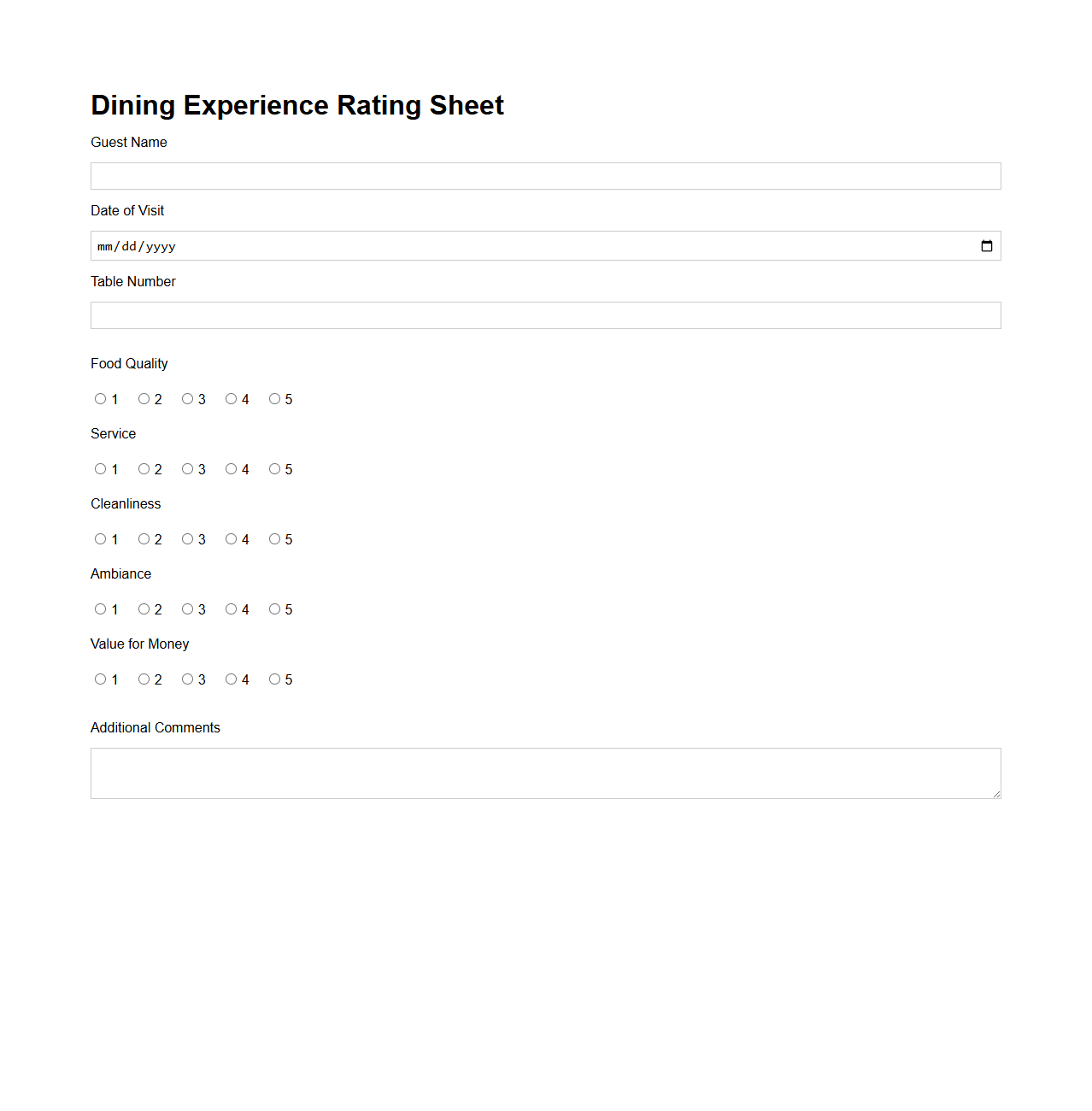 Dining Experience Rating Sheet for Restaurant Guests