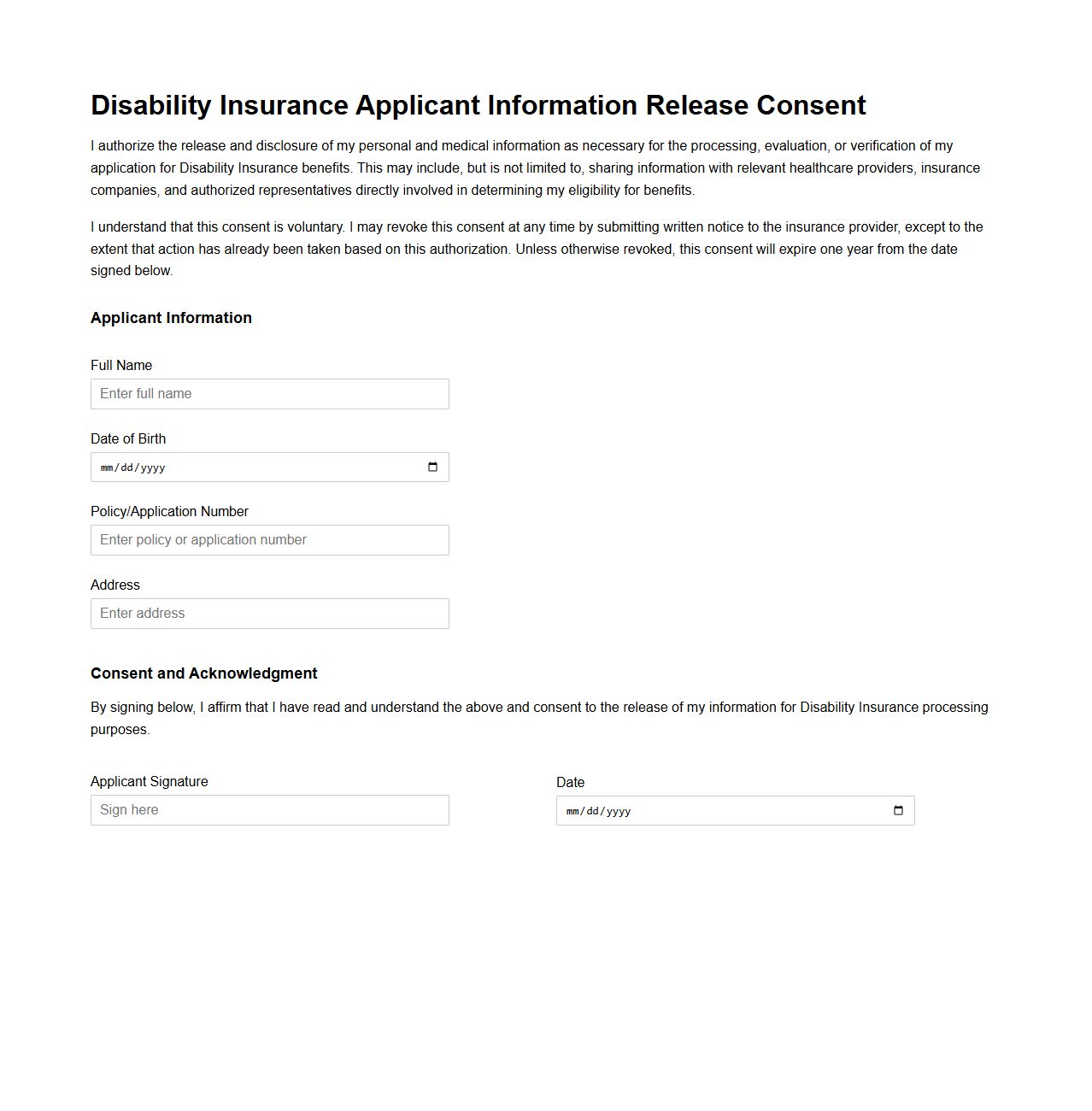 Disability Insurance Applicant Information Release Consent