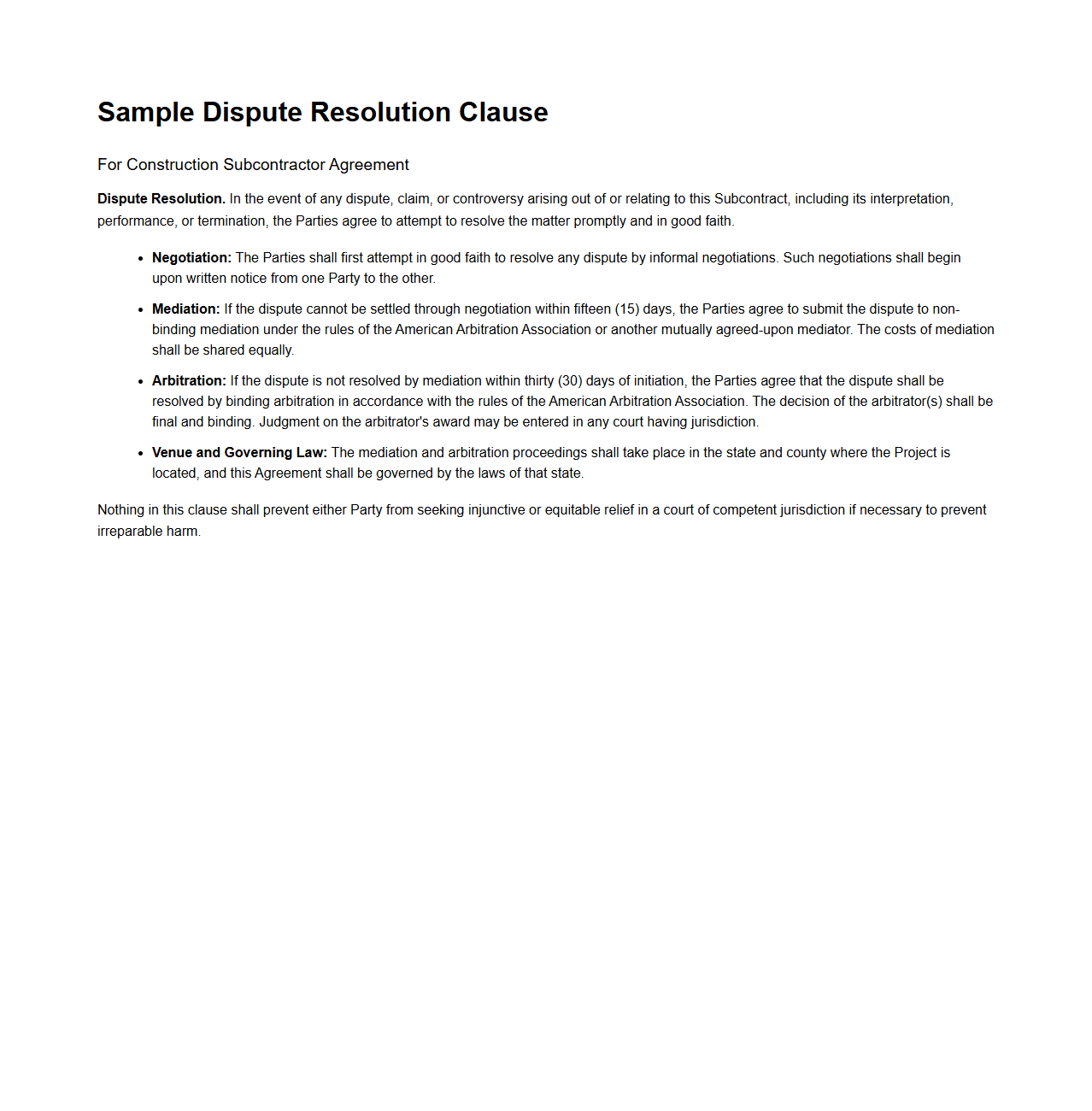 Dispute Resolution Clause for Construction Subcontractor Agreements
