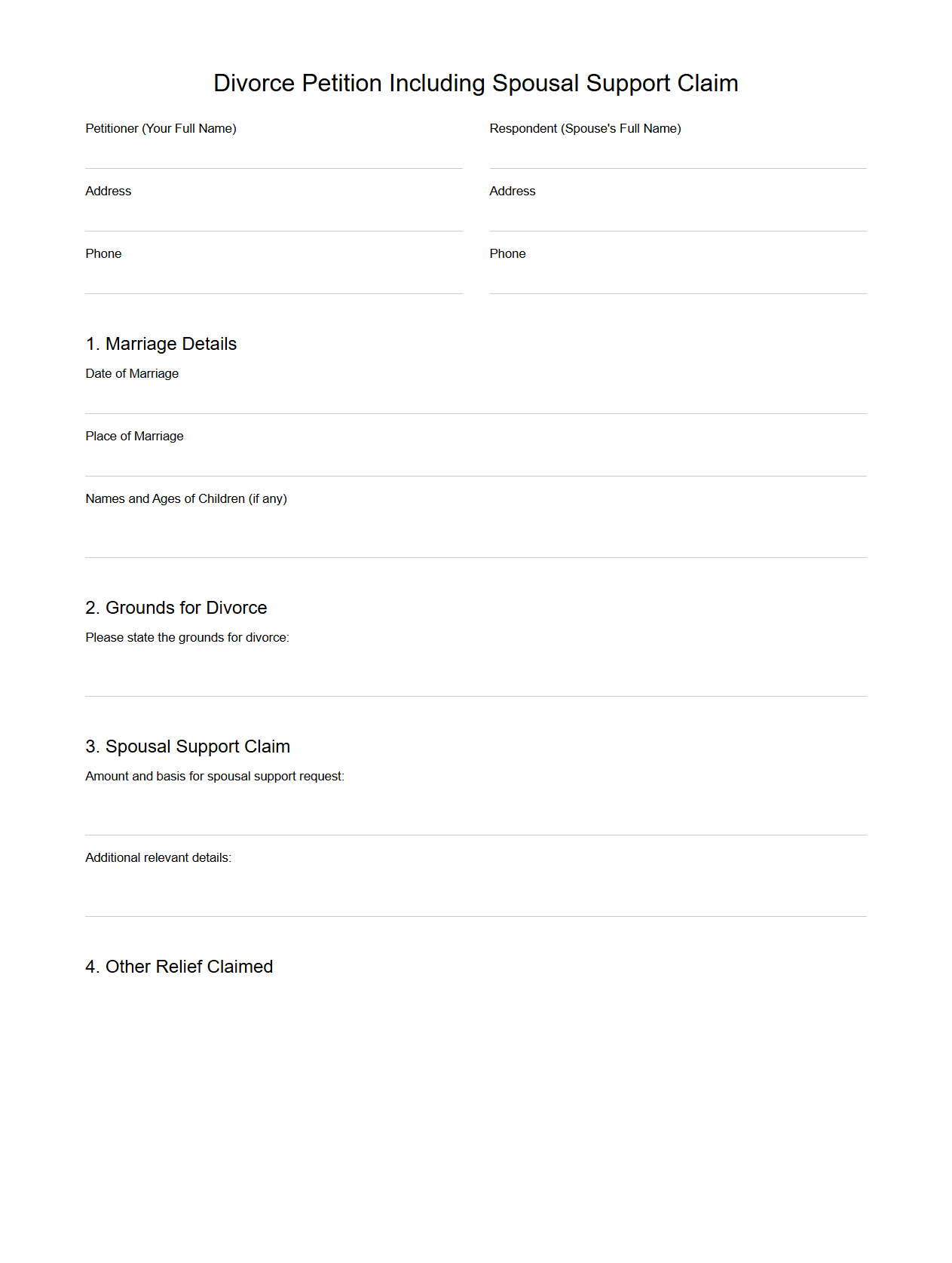 Divorce Petition Including Spousal Support Claim