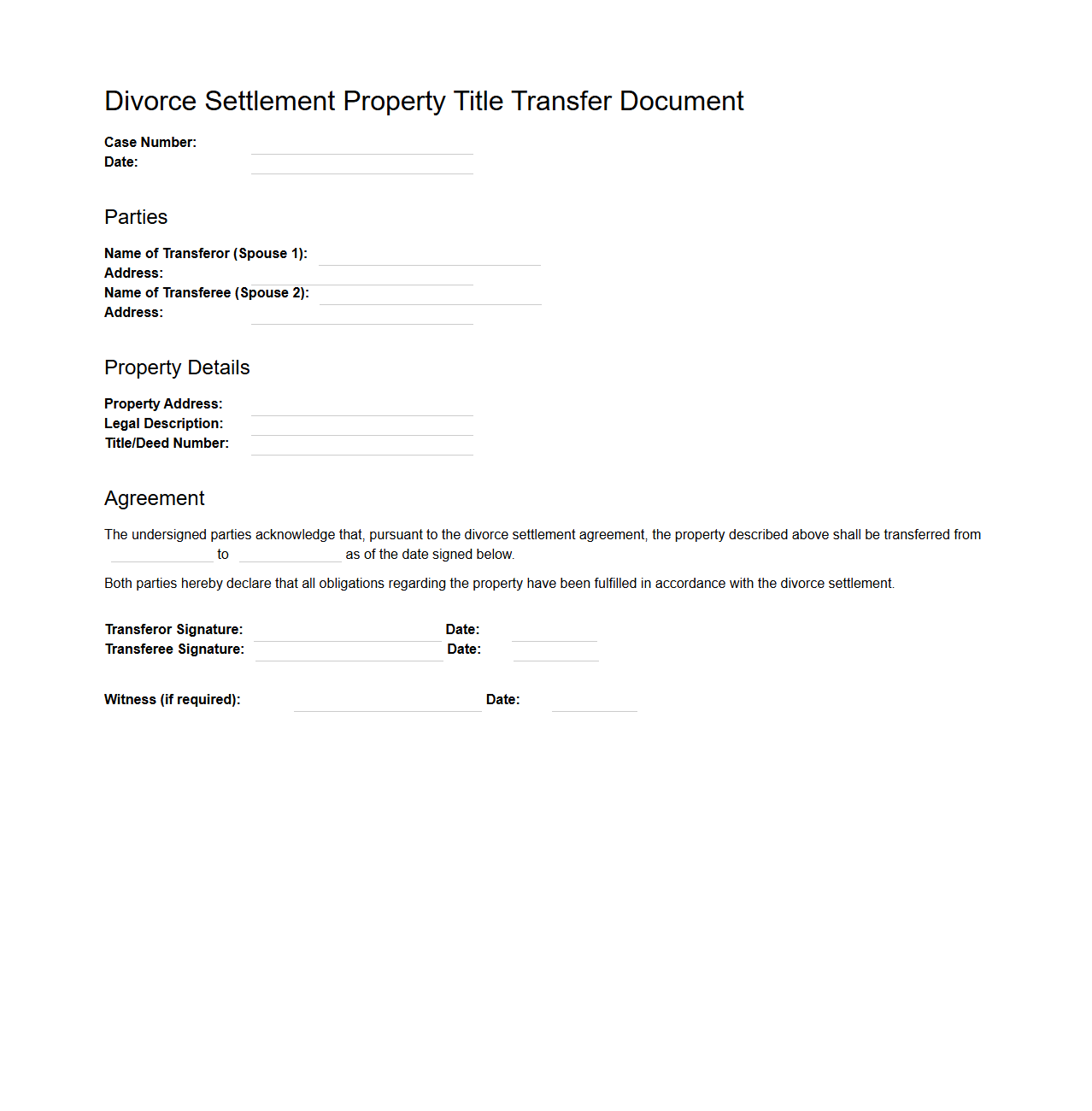 Divorce Settlement Property Title Transfer Document