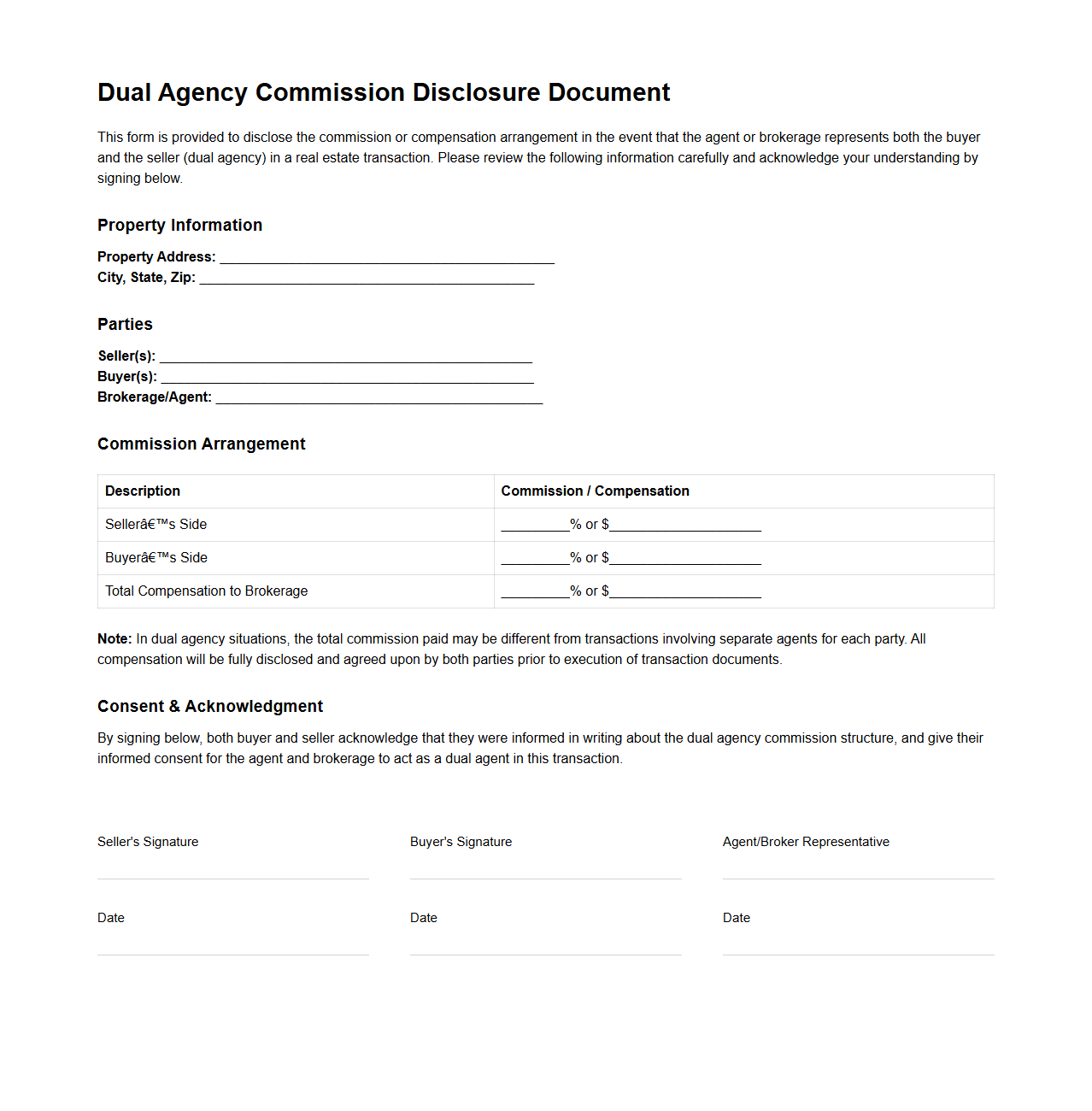 Dual Agency Commission Disclosure Document Example