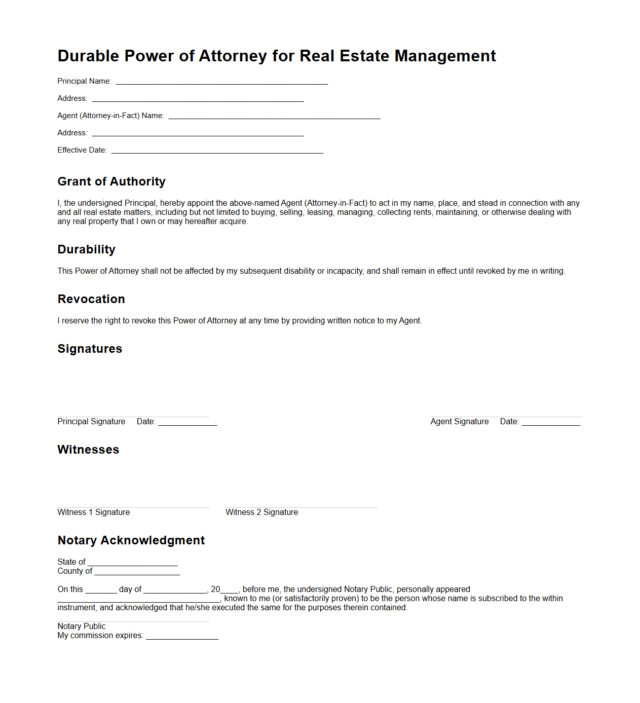 Durable Power of Attorney for Real Estate Management