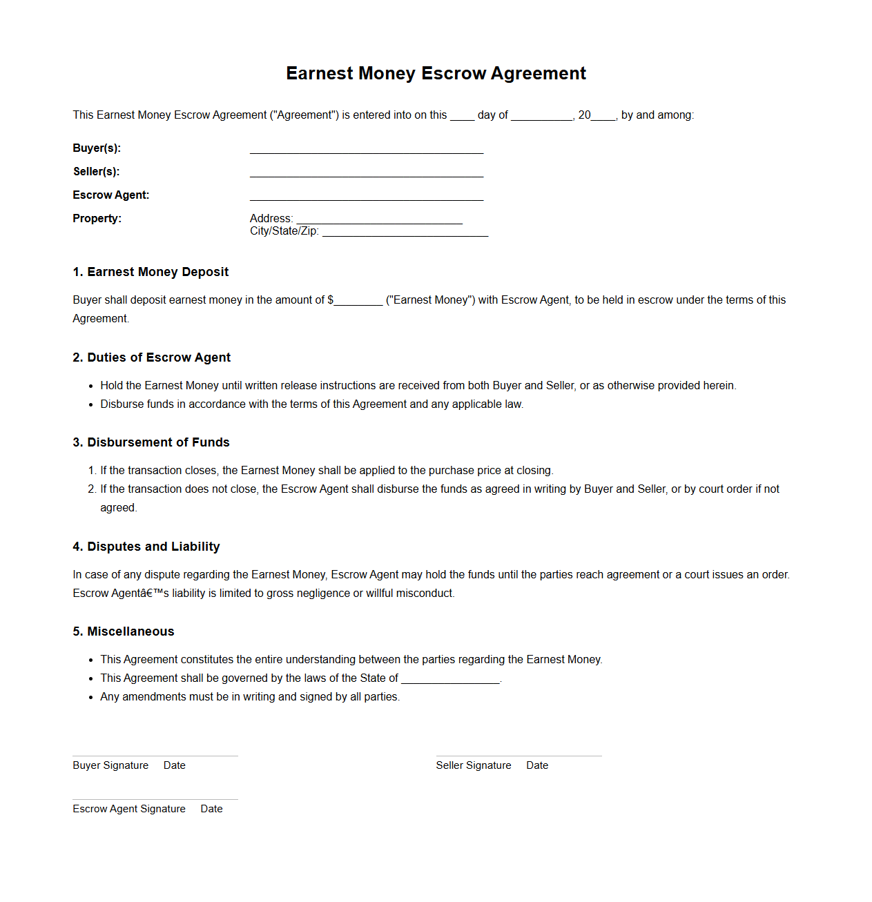 Earnest Money Escrow Agreement for Home Purchase