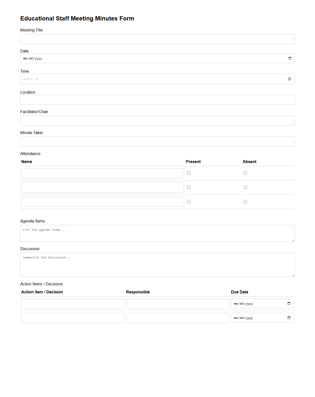 Educational Staff Meeting Minutes Form