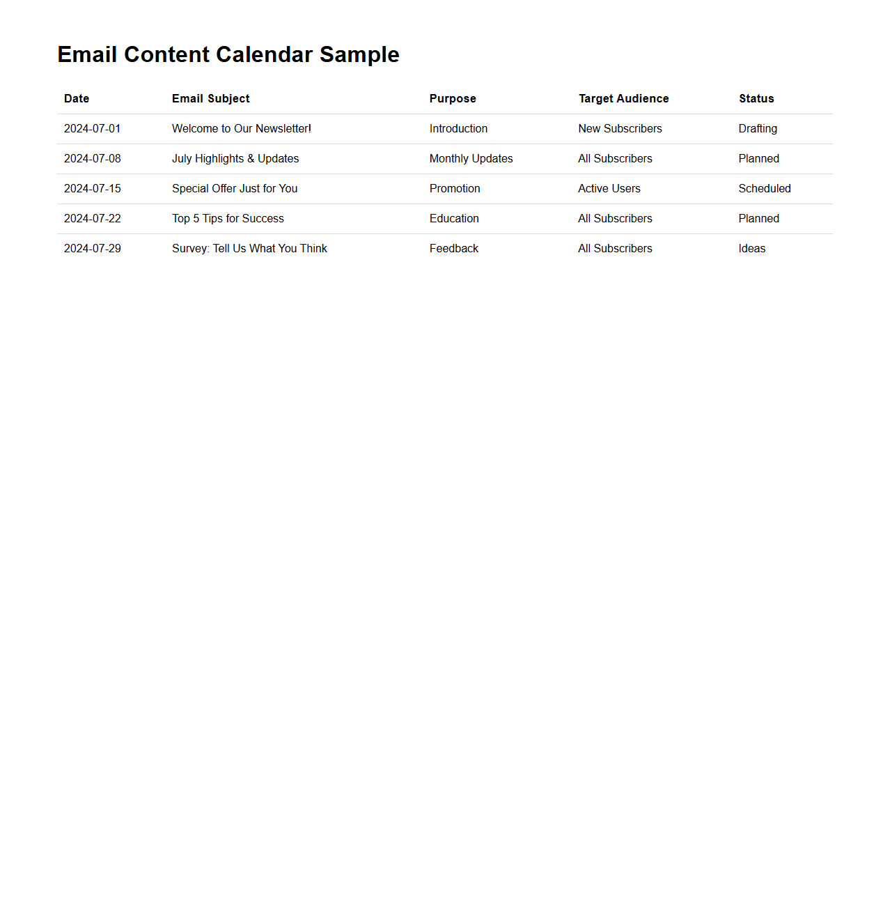 Email Content Calendar Sample