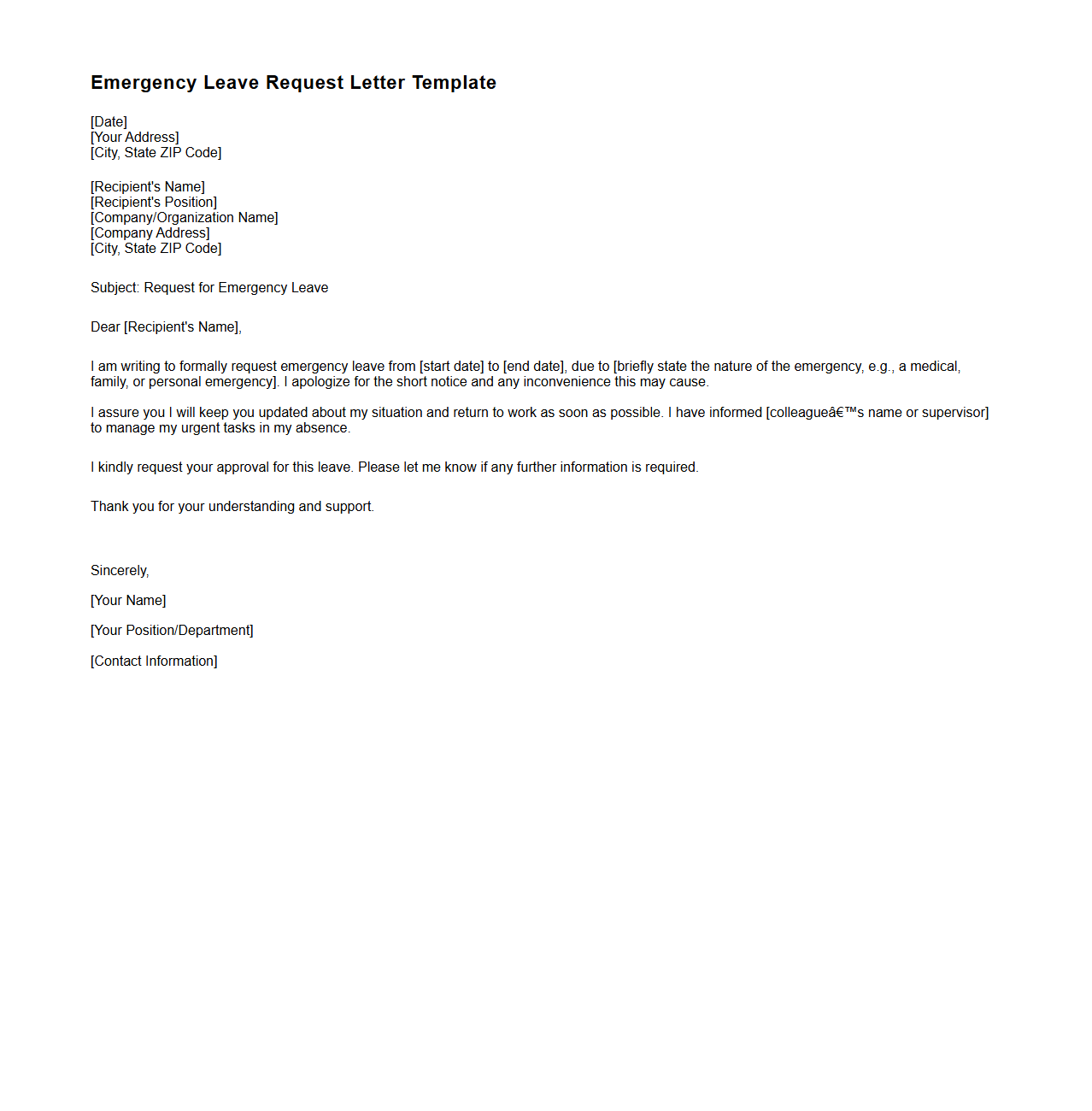 Emergency Leave Request Letter Template